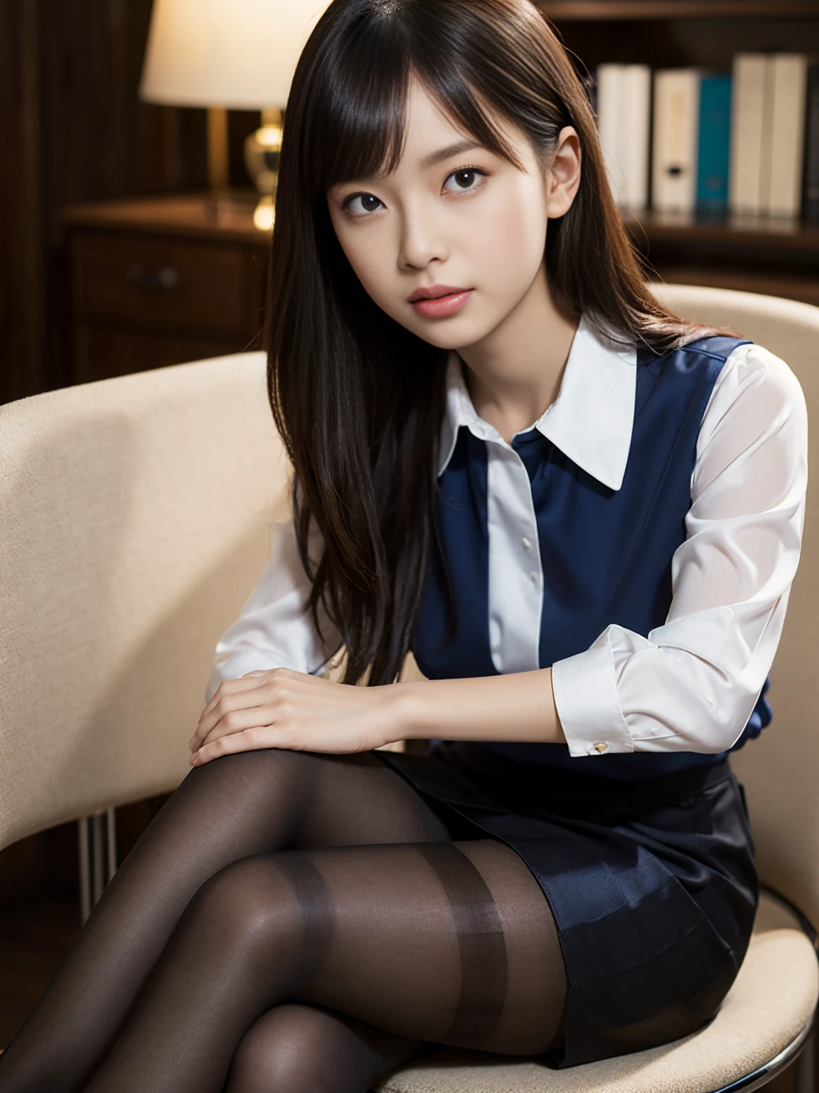 Classy upper class elite secretary in luxury silk blouse, Skirt and thighs、27 years old、height　162cm、Sitting on a chair in the office、Office uniform, (Glossy Pantyhose,Realistic pantyhose)、Working in the office、Wearing an ultra-thin satin blouse, Wear high-quality high heels、 Girl in blouse, Wearing an elegant blouse, When you wear a very thin blouse, Businessman, Blouse and skirt, Wearing a silk blouse, Wear a shirt and skirt, 　　　　　　RAW Photos, (8K、Highest quality、masterpiece:1.2)、(Intricate details:1.4)、(Photorealistic:1.4)、Octane Rendering、Complex 3D rendering with ultra-detail, Soft studio light, Rim Light, Vivid details, Super Detail, Realistic skin textures, Face in detail, Beautiful details in the eyes, Highly detailed CG Unity 16k wallpaper, compensate, (Detailed Background:1.2), Exposed thighs!!!Erotic～！！！！