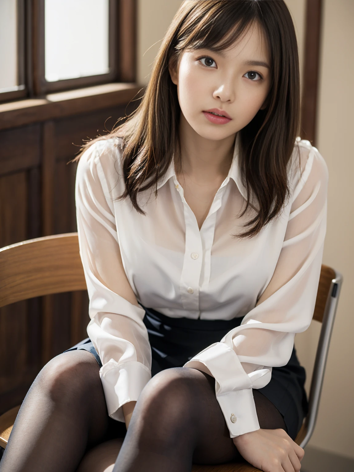 Classy upper class elite secretary in luxury silk blouse, Skirt and thighs、27 years old、height 162cm、Sitting on a chair in the office、Office uniform, (Glossy Pantyhose,Realistic pantyhose)、Working in the office、Wearing an ultra-thin satin blouse, Wear high-quality high heels、 Girl in blouse, Wearing an elegant blouse, When you wear a very thin blouse, Businessman, Blouse and skirt, Wearing a silk blouse, Wear a shirt and skirt, RAW Photos, (8K、Highest quality、masterpiece:1.2)、(Intricate details:1.4)、(Photorealistic:1.4)、Octane Rendering、Complex 3D rendering with ultra-detail, Soft studio light, Rim Light, Vivid details, Super Detail, Realistic skin textures, Face in detail, Beautiful details in the eyes, Highly detailed CG Unity 16k wallpaper, compensate, (Detailed Background:1.2), Exposed thighs!!!Erotic~!!!!