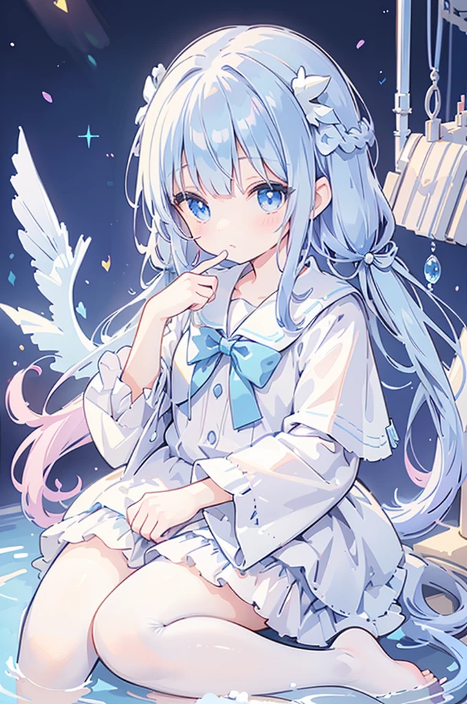 A magical girl with a mermaid motif、Highest quality、Loriータ、Confused eyes、Primary school students、small、Lori、Young Girl、Water Manipulation Magic、Magical girl who controls water、beautiful girl、cute、Full-body portrait、light blue、Have a koto、Playing the lyre、Clear eyes、pose、Magic Exercises