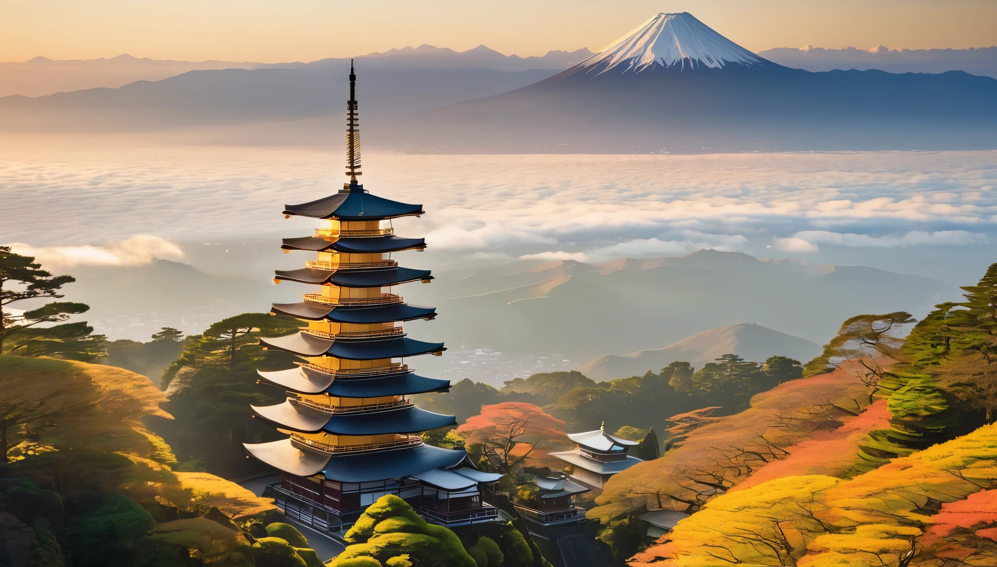 (((Golden hour in Japan))): Warm sunlight bathes a multi-tiered pagoda, its intricate details highlighted against a clear blue sky. Below, a sprawling landscape unfolds, with Mount Fuji, partially shrouded in mist, dominating the horizon.