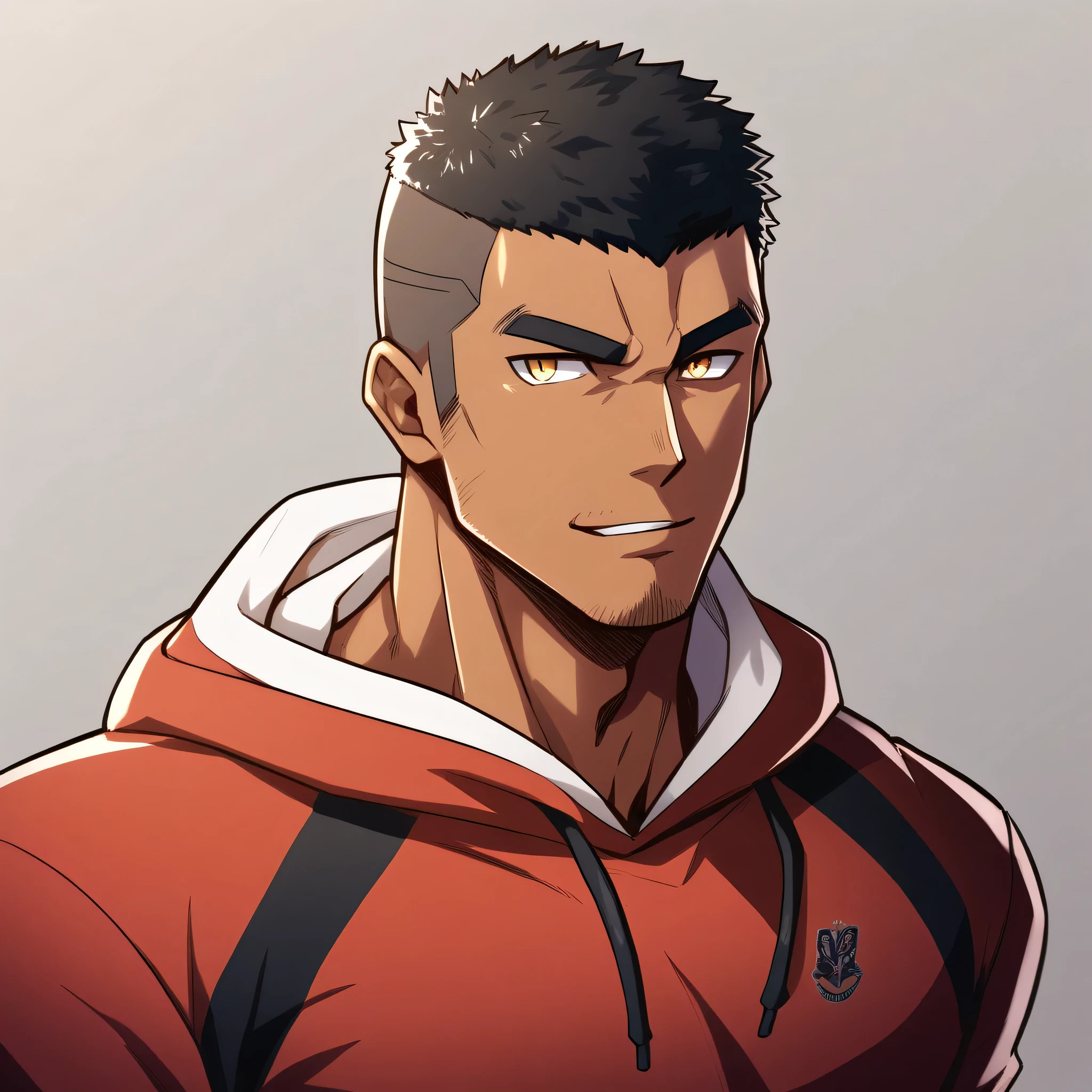 anime characters:Gyee, Young Muscle Sports Teacher, ????? black skin, Buzz Cut, Manliness, male focus, Dark red long-sleeved hooded sweatshirt, Very tight, muscular male, muscular, only, Upper body, alone, Black short hair, Thick eyebrows, stubble, Yellow eyes, Grey background, simple background, amazing quality, best aesthetics, Ridiculous, bright pupils, crew cut, parted lips, seductive smile, torogao, naughty face, best quality