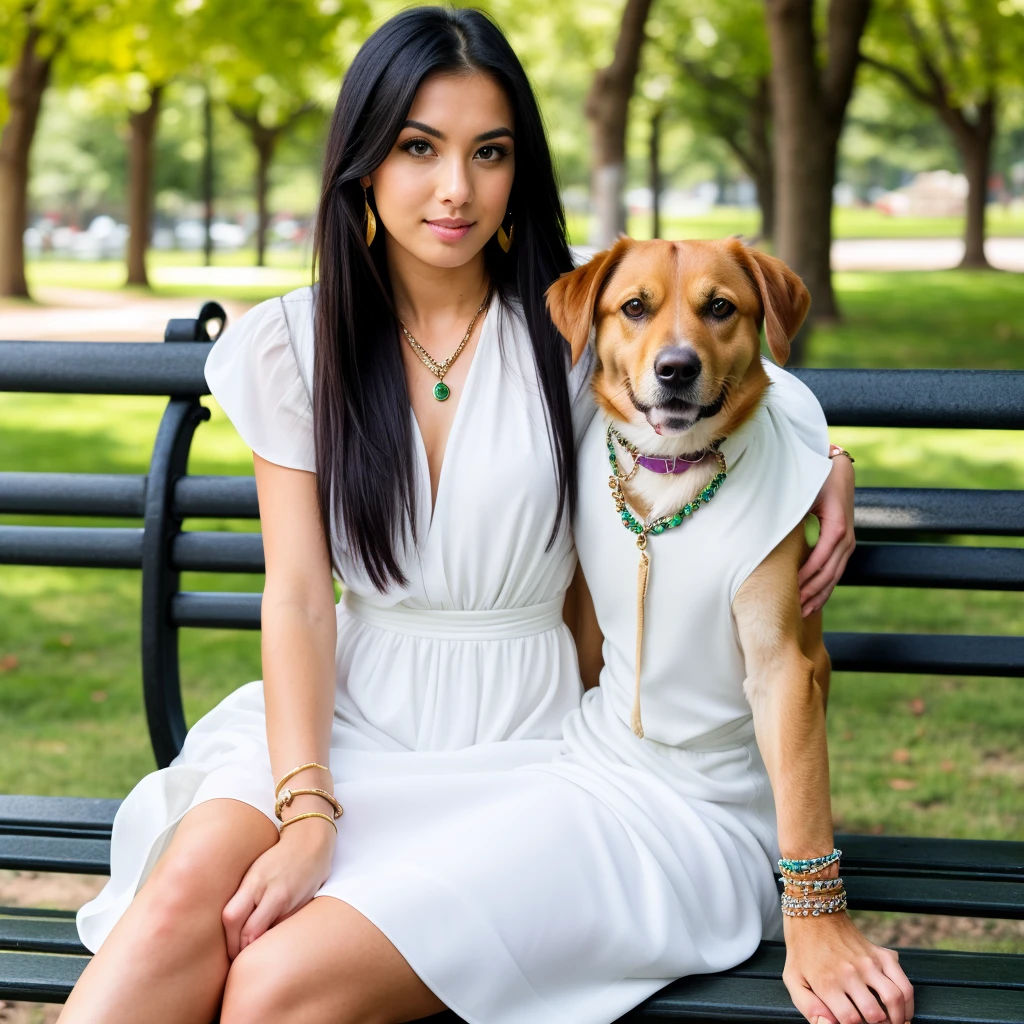 A woman, Natural light, professional, (sitting on a park bench with a dog on top of her leg that matches her beauty), (4k photo: 1.1) (sharp focus: 1.3), High detail, detailed beautiful face, green eyes, with big breasts and big ass, Long black hair, (attractive young woman:1.3), (seductive:1.1), (blush:1.1), Athletic body shape,  (A girl with earrings, bracelets and necklace, wearing a white dress)