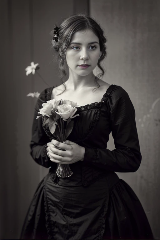There is a woman with a bouquet of flowers in her hand., a beautiful victorian woman, Beautiful lady, Grayscale 1 9 0 0 s image, 1 0 s photography, Retro black and white photo 1910, victorian photo, a beautiful young woman, Art Nouveau Retrato, Old black and white photo, victorian female portrait, victorian lady