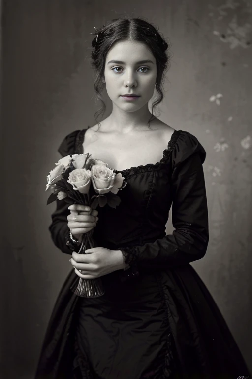 There is a woman with a bouquet of flowers in her hand., a beautiful victorian woman, Beautiful lady, Grayscale 1 9 0 0 s image, 1 0 s photography, Retro black and white photo 1910, victorian photo, a beautiful young woman, Art Nouveau Retrato, Old black and white photo, victorian female portrait, victorian lady