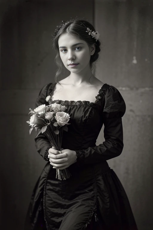 There is a woman with a bouquet of flowers in her hand., a beautiful victorian woman, Beautiful lady, Grayscale 1 9 0 0 s image, 1 0 s photography, Retro black and white photo 1910, victorian photo, a beautiful young woman, Art Nouveau Retrato, Old black and white photo, victorian female portrait, victorian lady