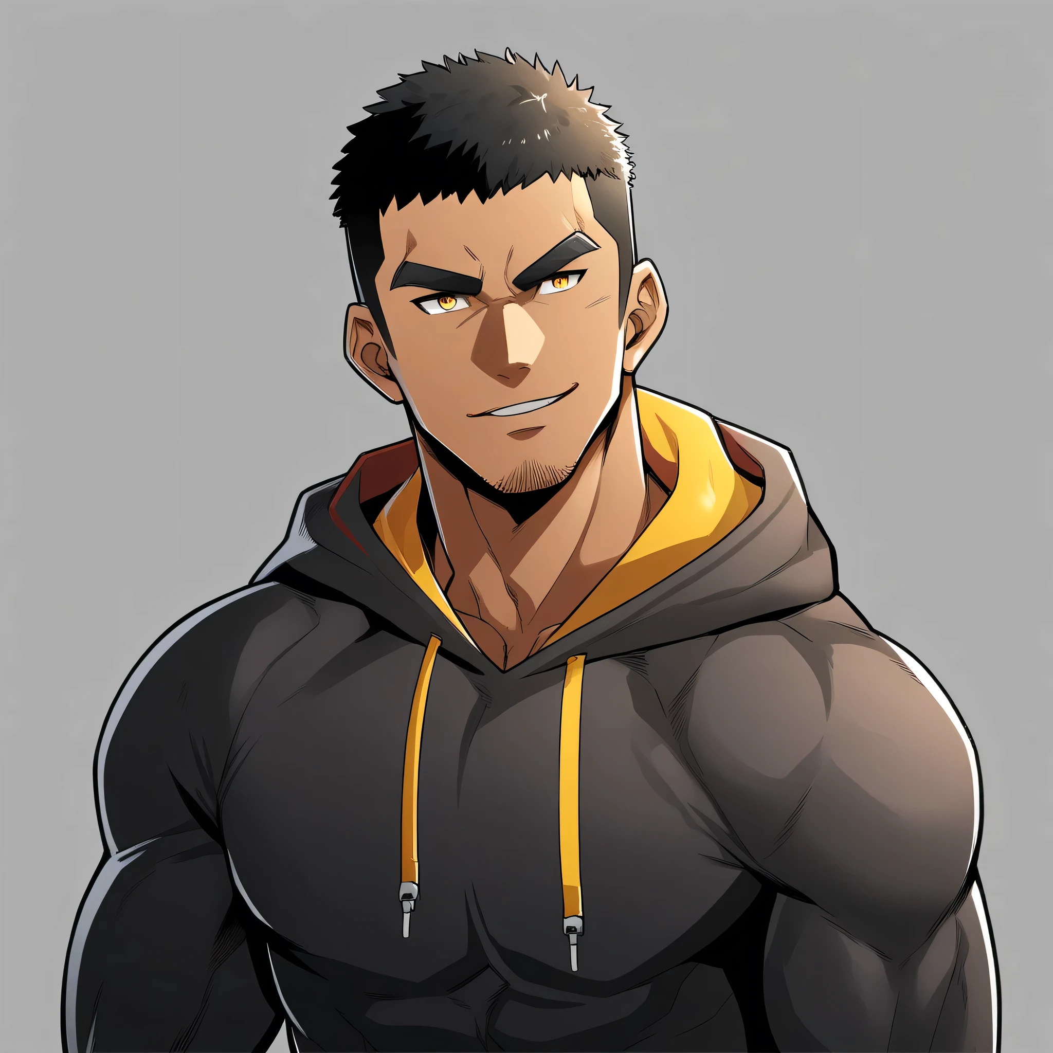 anime characters:Gyee, Young Muscle Sports Teacher, negro black skin, Buzz Cut, Manliness, male focus, Dark red long-sleeved hooded sweatshirt, Very tight, muscular male, muscular, only, Upper body, alone, Black short hair, Thick eyebrows, stubble, Yellow eyes, Grey background, simple background, amazing quality, best aesthetics, Ridiculous, bright pupils, crew cut, parted lips, seductive smile, torogao, naughty face, best quality