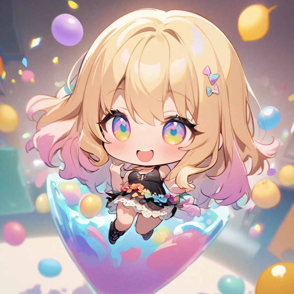 masterpiece、Highest quality、Depth of subject、2D illustration、1 beautiful girl、独奏, (((chibi style)))、Long, beautiful hair、shiny blonde hair、cute、Beautifully detailed eyes、((Tank top))、a glass of lemon soda, ((colorful))、mini skirt、((happy smile))、((kitten cluster)), ((full body shot))、((in the room))、((There's a lot of pink around))、Thighs、((vivid color))、sparkle、((Lens flare))、