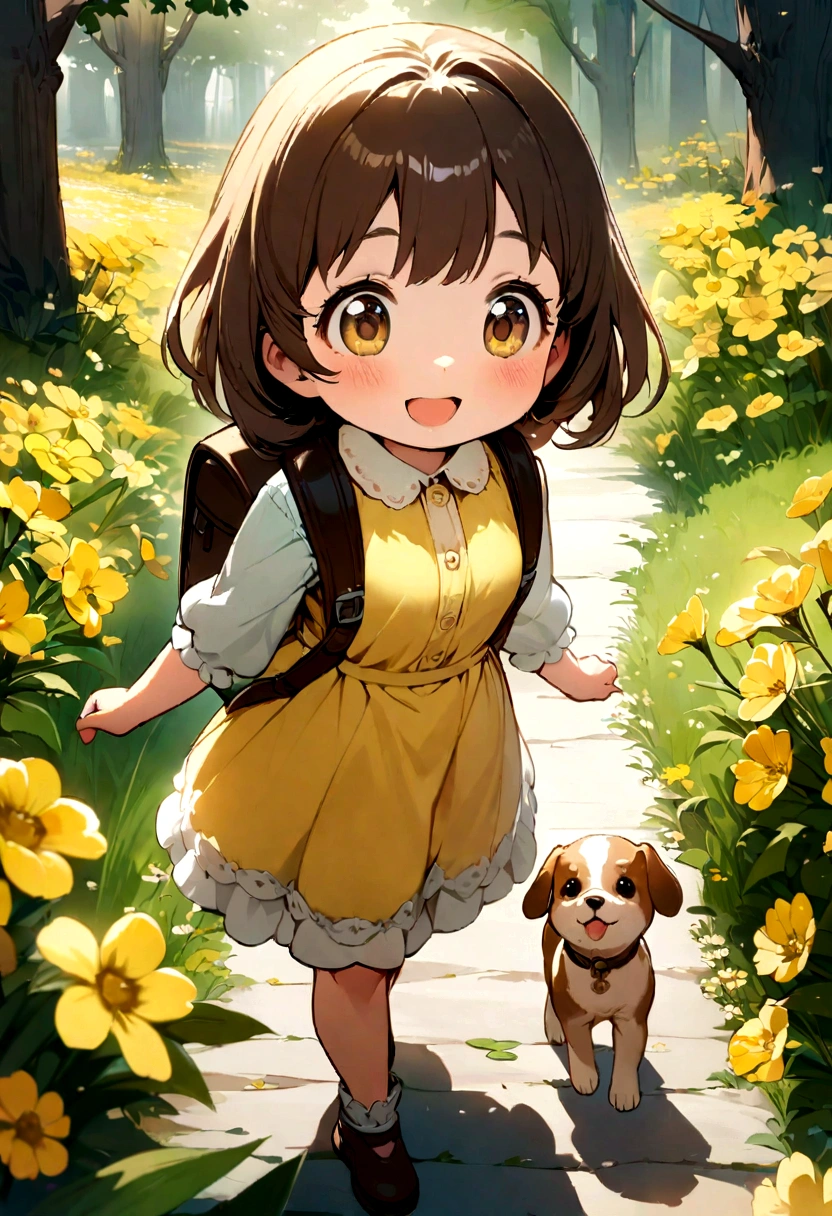 A very adorable little girl with a backpack and her adorable puppy enjoying a lovely spring walk surrounded by beautiful yellow flowers and nature. The has large bare breasts. the illustration is a high definition illustration in 4K resolution with highly detailed facial features and cartoon style visuals.