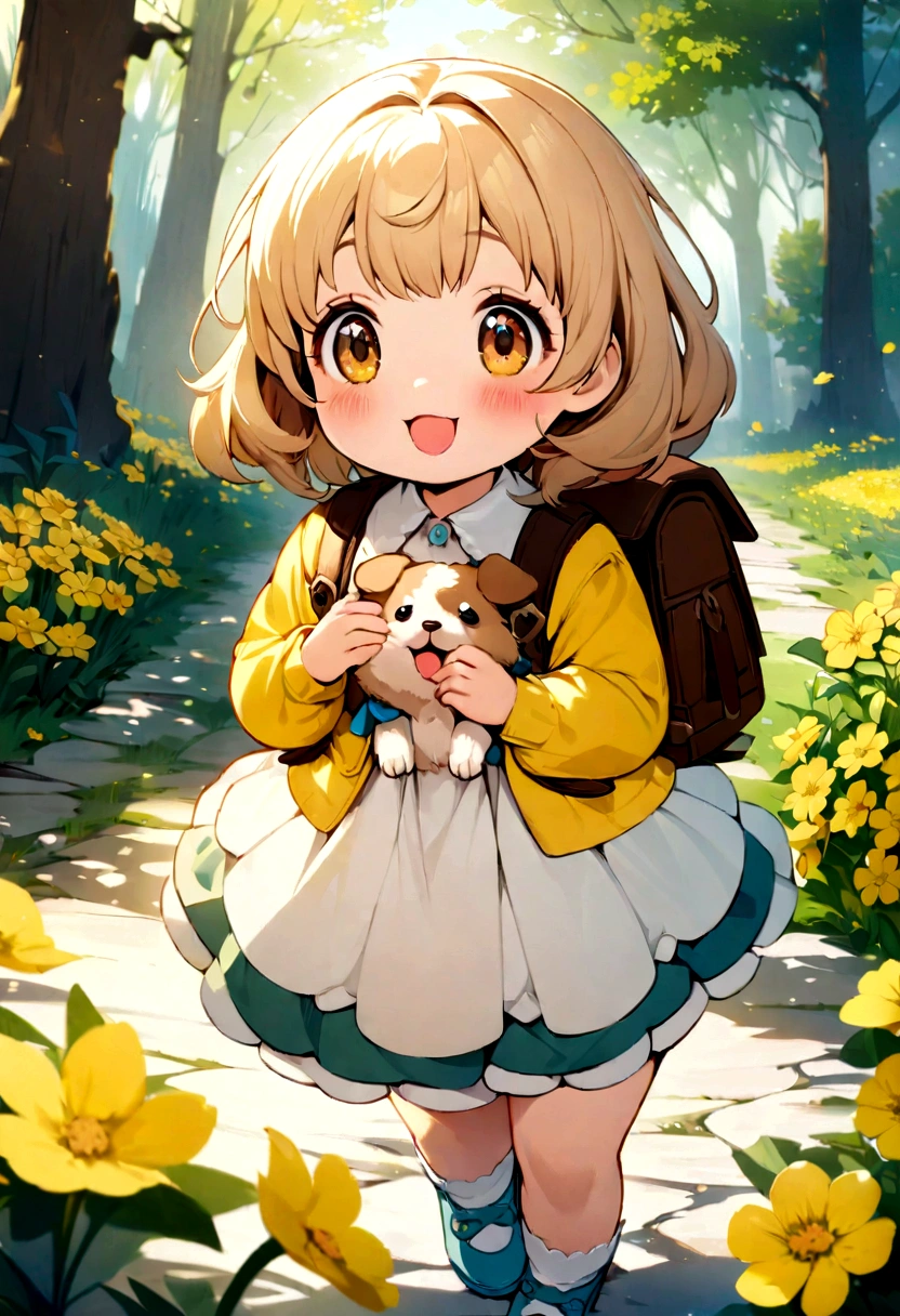 A very adorable with a backpack and her adorable puppy enjoying a lovely spring walk surrounded by beautiful yellow flowers and nature. The has large bare breasts. thtration is a high definition illustration in 4K resolution with highly detailed facial features and cartoon style visuals.