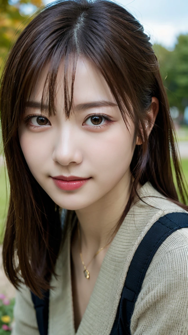 highest quality, masterpiece, 8K, ultra high resolution, (realistic: 1.4), beautiful face, symmetrical eyes, Japanese, brown hair, smile, wearing makeup, high-definition images, atmospheric perspective, super detail, accurate, best quality, a Japanese lady, drooping eyes, sleepy face, blush, in the lusg green park, skirt, high boots, necklace, day scene