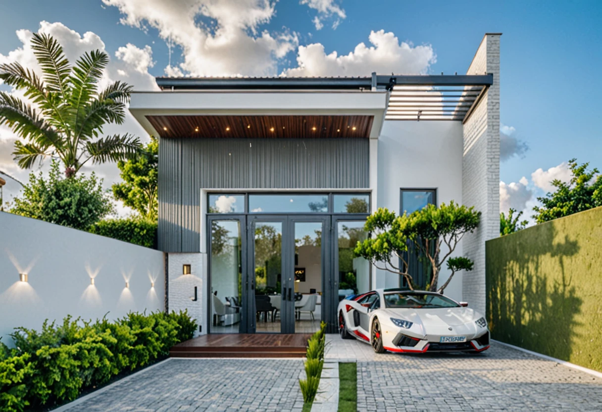 Masterpiece, high quality, best quality, authentic, super detail, outdoors, onestoreyvillaXL, aiaigroup, house style modern on the street ,stairs, white wall ,road,pavement, grass, trees, sky, cloud, (daylight:1.1), car in front of house
