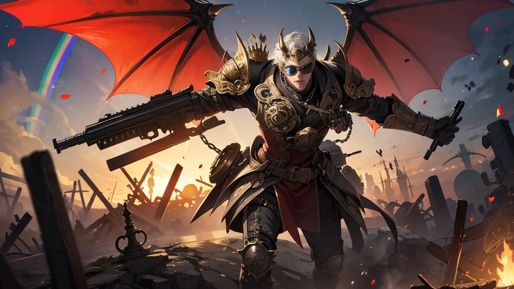 (masterpiece、Highest quality:1.3)、Super detailed、complicated、8K、High resolution、wallpaper、Cinema Lighting、(Glowing red、十字形のshine、Blooming Flowers)、gun、(Firing Position)、shine、crown、armor、Glowing red目、Metal Mechanism、Metal Wings、A skull made from a special metal)、altar、Golden dragon statue on a skull、(Dark sunglasses、Highly reflective lens、Rainbow around the skull)、Powerful circular composition、Shows the effects of various structural forces。(Steampunk decorative elements、gear、Other elements)。pointer、Chain decoration combination、Wearing the devil's mask18Queen of the Year