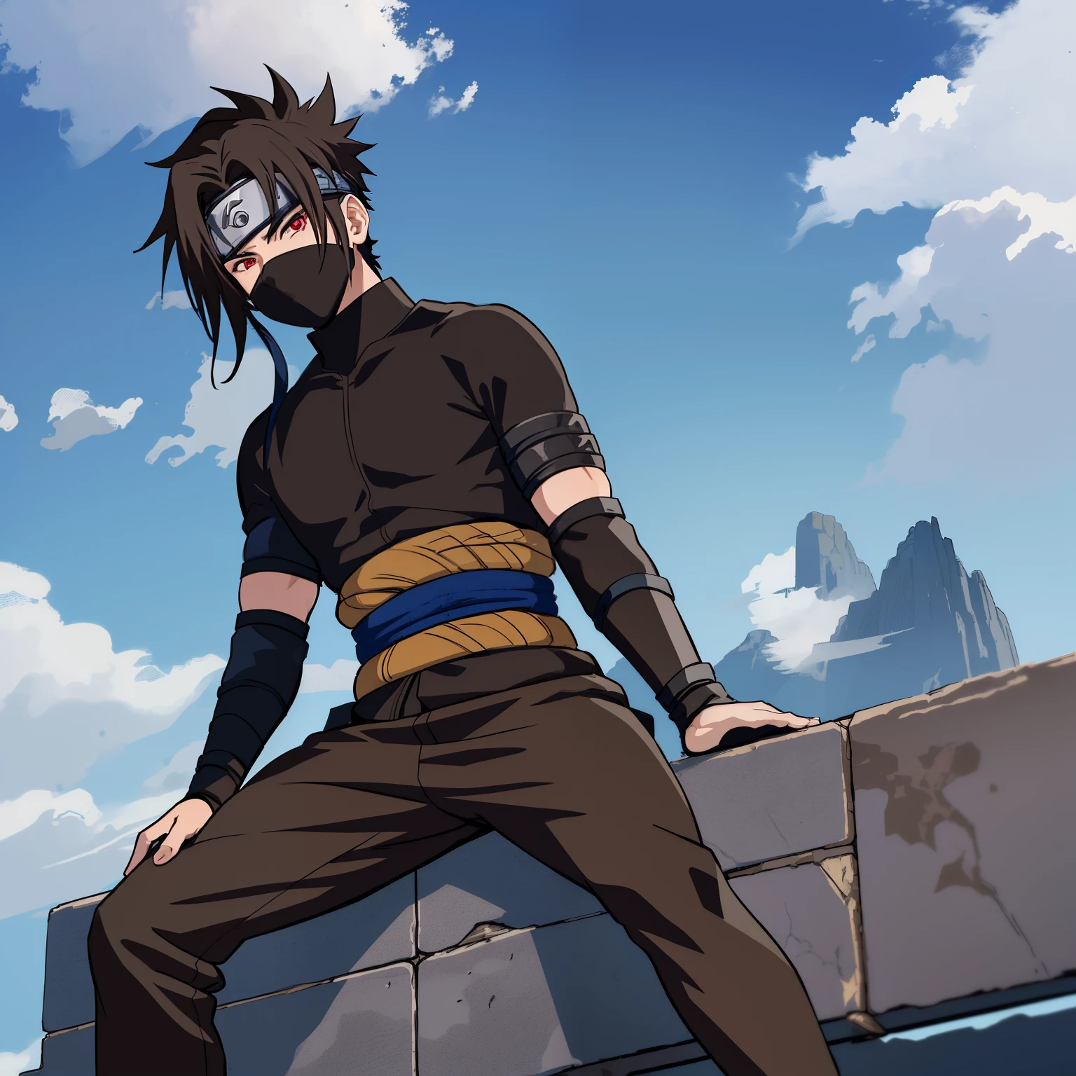 best quality, extremely detailed, 1boy, beautiful looking, shinobi, shinobi, ninja, male focus, sitting perched atop a building, (dynamic angle, dynamic composition) dark brown hair, short hair, undercut, sharingan eyes, black compression shirt, cool outfit, ((forehead protector)) ((village)), surrounded by mountains, blue sky, clouds, solo