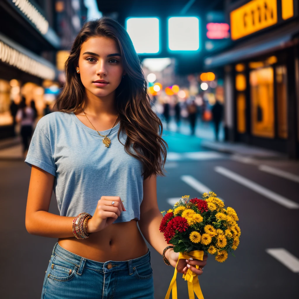 a beautiful 19 year old woman, selling flowers on the street, bracelet on her right wrist, cinematographic street background, staring directly at the camera, hyper realistic, 8k, high quality, photorealistic, intricate details, vivid colors, cinematic lighting, busy urban scene, masterpiece, portrait