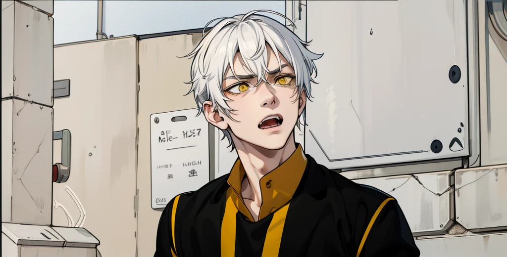 He is talking, he opens his mouth and shouts a little, beautiful white, yellow eyes, cold look, evil, serious, he is intimidating, there is a young man, he is talking to him, he is insulting, ating someone.