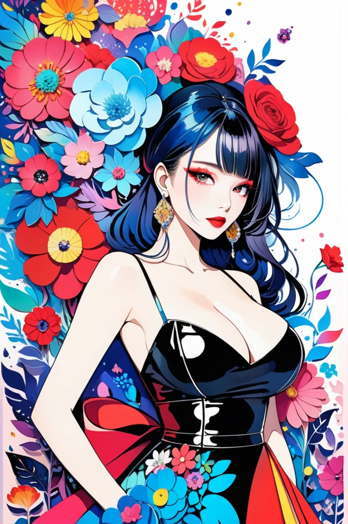 Micho Style、(((stylish fashion))), 8K Quality、Intense watercolor, Detailed watercolor art, Watercolor splash, Surreal, avant-garde pop art, Beautiful and expressive paintings, Beautiful artwork illustration, Very colorful tones, wonderful, Cool beauty, highest quality、Official Art, Vector art, Stylish design, (((The most beautiful girl))), (((highest quality))), HDR, ((detailed)), (((Doodle Art)), ((masterpiece)), ((Super detailed)), (((Colorful flowers))),(((Stylish))),big breasts, earrings ,red lipstick, makeup