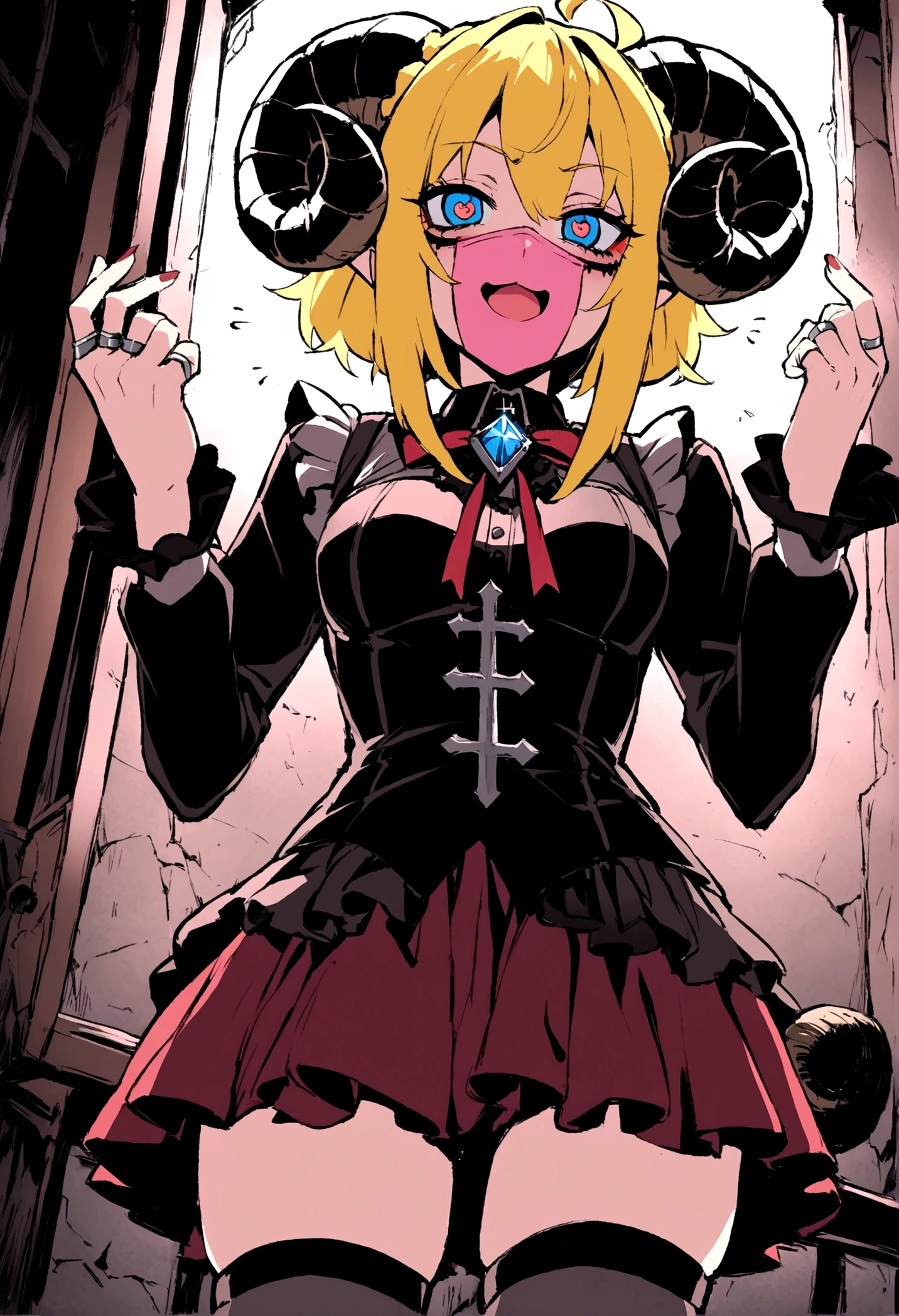 masterpiece, Highest quality, ((1 person)),Yellow Hair,Light blue eyes,Expression of agony,whole body,Manga style,Bob Hair,Landmine makeup,Eyes that feel,((Danmachi style),Sheep horns on the head,Red corners of the eyes,Thigh High,Jiraikei,skirt,ring,gem,桃色Thigh High,Pink mouth mask,shirt,cross,ピンクskirt,Frills,Gothic,ribbon,Gothic,Long sleeve,A big smile of scheming,ringみたいに迫ってくる,The costume is pink,