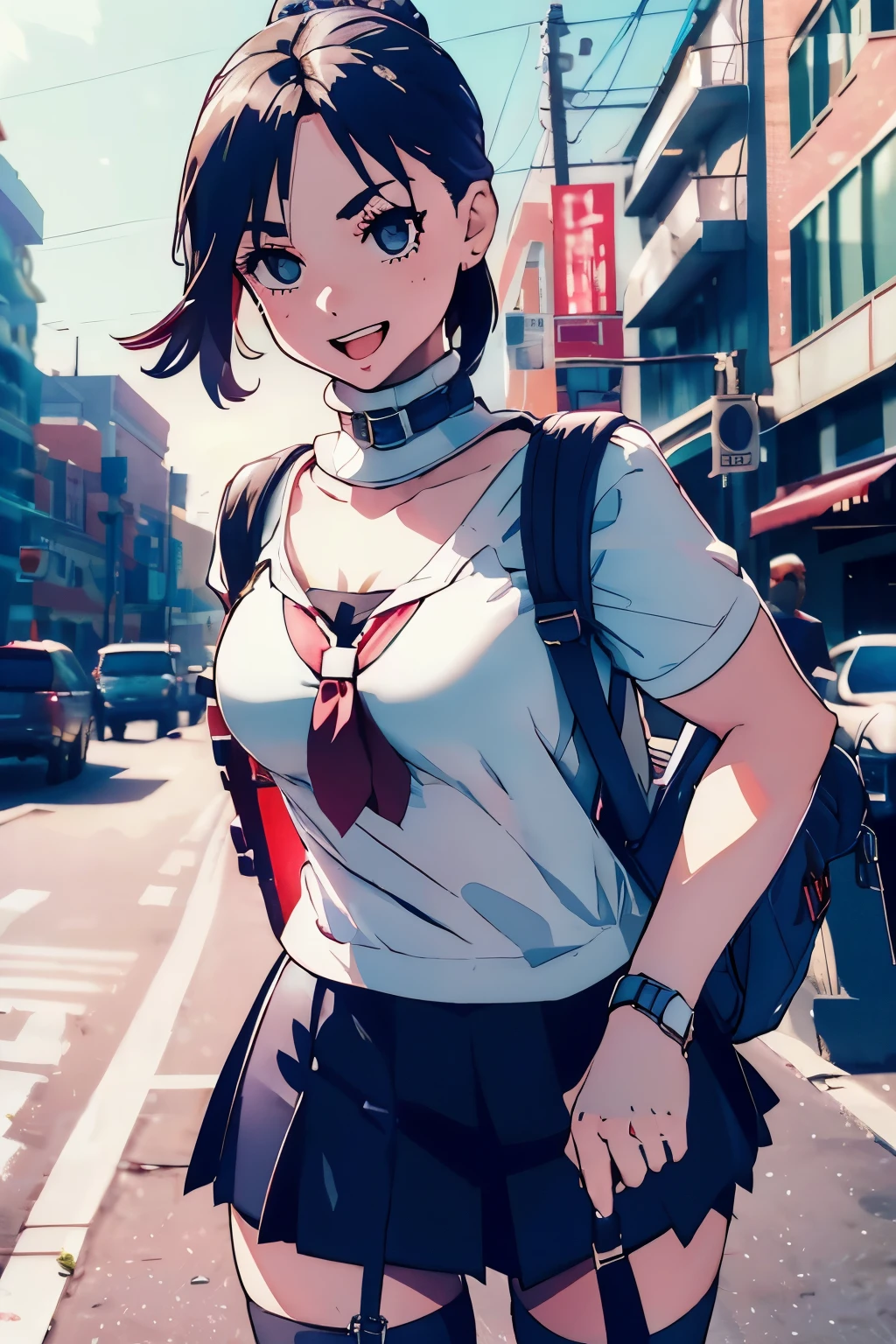 masterpiece, Highest quality, One High School Girl 10.0,Very detailed,Rin々Nice face,Open Mouth Smile,Black eyes,Legs visible through a short skirt,Natural Beauty,Cinematic,Medium chest,Walking in the downtown area,Carrying a backpack,Showing from the knees 10.0,Wearing high  10.0