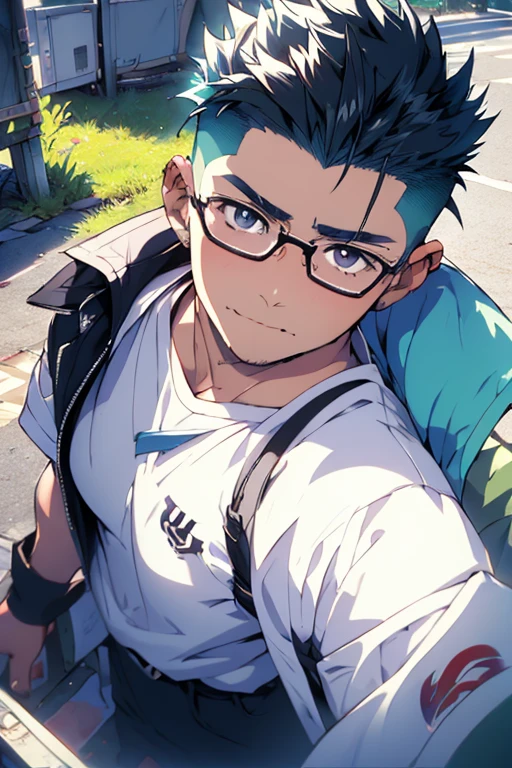 ((Highest quality)), ((masterpiece)), (detailed), Highest quality、High resolution、８K、One adult male、Japanese anime-like style、超High resolutionかわいい萌えアニメ8k、handsome face manly、undercut, Short Hair、Dark Eyes、Black Hair、Fake Hawk、Wear glasses、 Slender and muscular