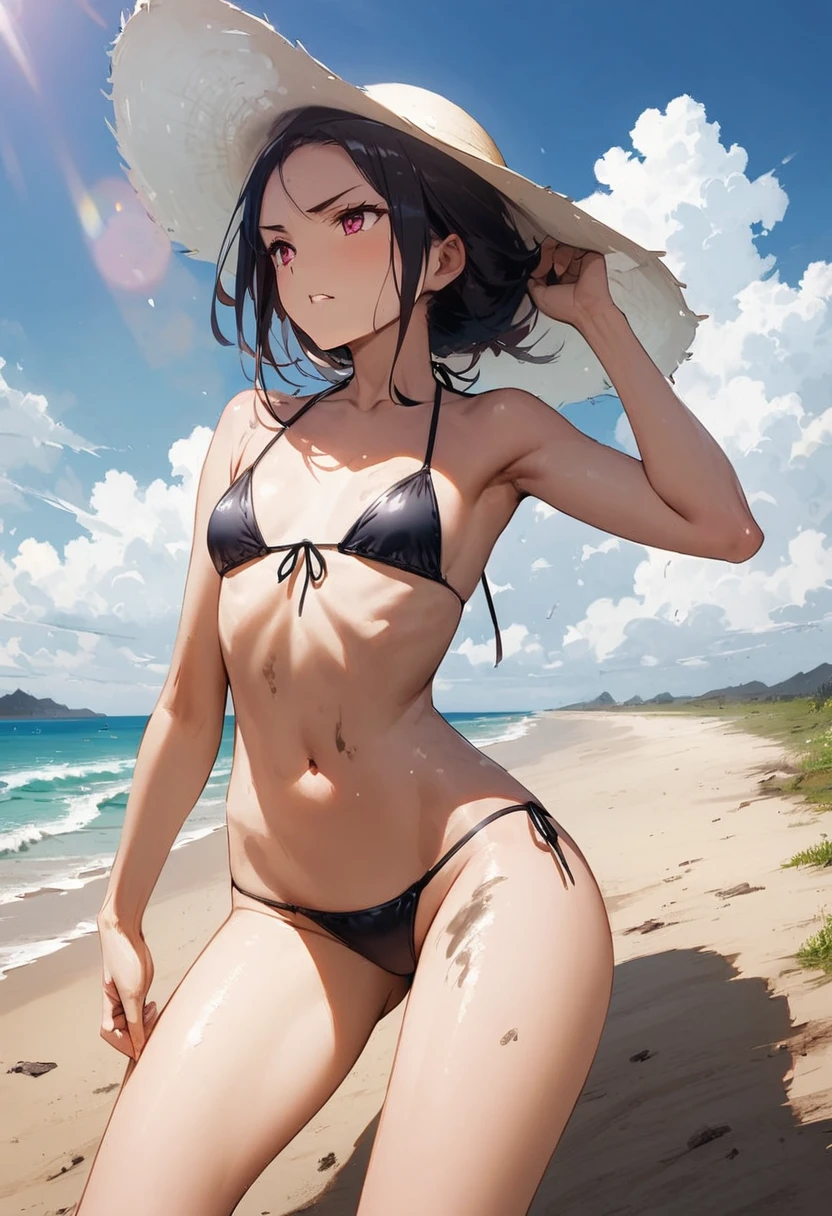 arched back、tideland、Covered in mud、Thin string bikini、Thighs、Girl、Girl、Younger、Baby Face、flat chest、forehead、Butt、Dynamic Angle、Seaside、Sandy Beach、Glaring、sunlight、Both eyes open、Sun hat
