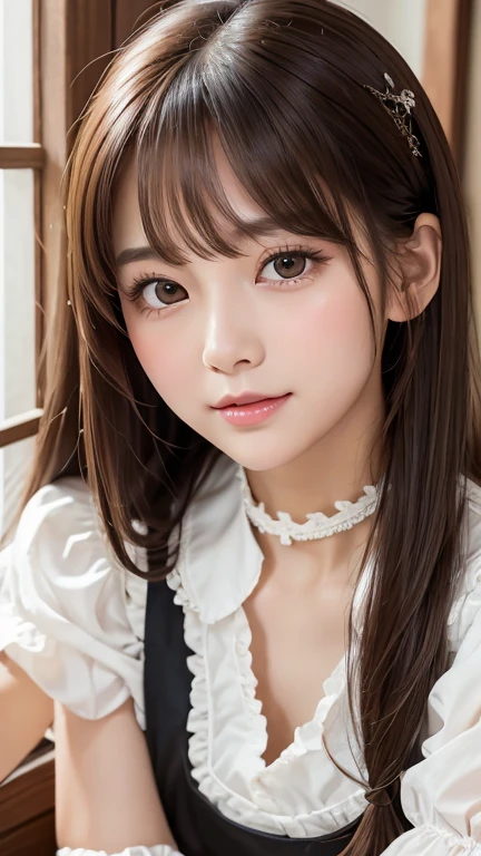 Beautiful white and shining skin、Chestnut-colored hair that changes with the light、Long bangs between the eyes that block vision、Cheek gloss highlighter、Sexy and very beautiful、Nice gorgeous face、The most beautiful face in the world、Short Bob、Smooth and straight hair、Medium chest、Beautiful breasts、Cleavage、Big, bright eyes、Beautiful Bangs、Beautiful and beautiful woman、Small Face Beauty、Golden Ratio、Natural smile、Head ornament、White blouse、Black Ribbon、Puff sleeves、collar、choker、White apron with fine frills、Black maid outfit、Beautiful thighs、