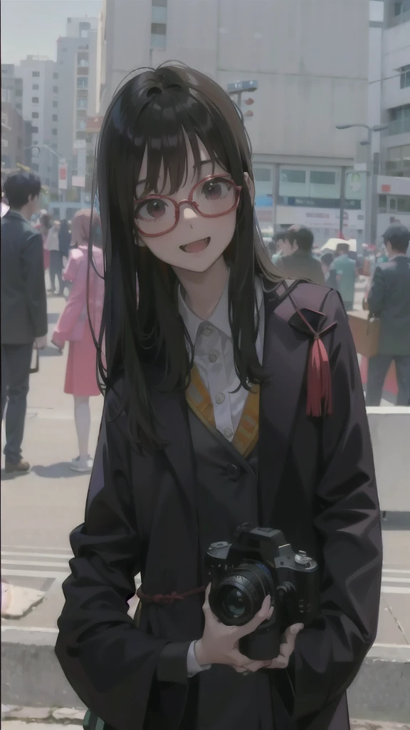 Woman wearing glasses holds a camera in front of a crowd, Chew Fang, happiness, Yun Ling, Wen Feiye, Catherine Lam, Xindong Chen, Pengzhen Zhang, Gen C, Lulu Chen, Kamwei Fong, Tomorrow, Tran., Gemma Chen, Meilingzhou, Si Han, Li Zixin, Ren Heng, louise zhang