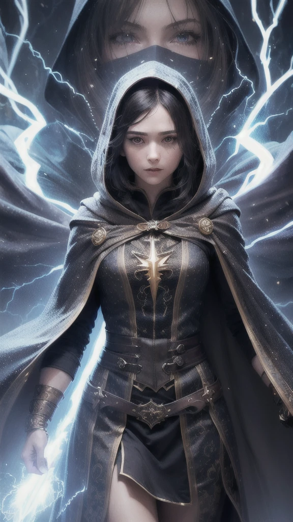 (skindentation:1.5), Realistic, Photorealistic, (masterpiece:1.5), concept art, intricate details, highly detailed, photorealistic, octane render, 8k, unreal engine, dynamic pose, best quality, highres, (realistic face:1.1), (hyperrealistic:1.1), ((full_body)), perfect eyes,(shiny skin:1.2), (((hairstyle))), (((perfect hands))), (extremely detailed background), ((dynamic background)), ((lightning)), (light rays), ((1girl)), wearing cloak, (((flowing cloak))), ((detailed eyes, high quality eyes, high quality face)), (extremely intricate robes, magical robes), short hair, casting lightning, electricity, swirling fire, radiating power, sparks, smoke, magic, ((dramatic)), epic, battlefield, depth of field, bokeh, 4k, gothic, ember, particles