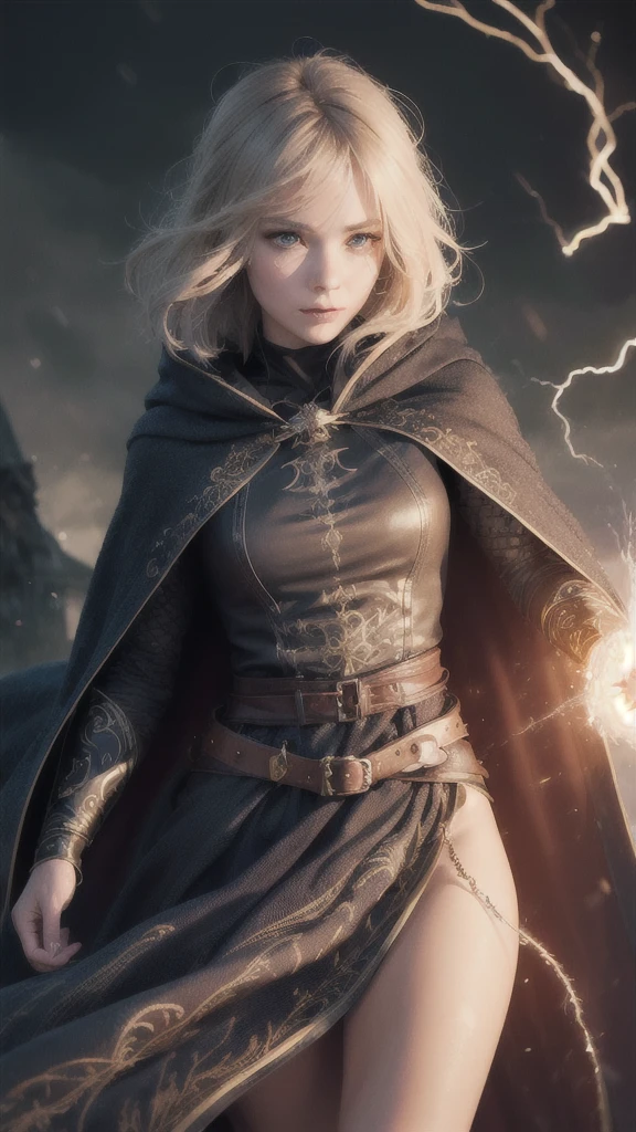 (skindentation:1.5), Realistic, Photorealistic, (masterpiece:1.5), concept art, intricate details, highly detailed, photorealistic, octane render, 8k, unreal engine, dynamic pose, best quality, highres, (realistic face:1.1), (hyperrealistic:1.1), ((full_body)), perfect eyes,(shiny skin:1.2), (((hairstyle))), (((perfect hands))), (extremely detailed background), ((dynamic background)), ((lightning)), (light rays), ((1girl)), wearing cloak, (((flowing cloak))), ((detailed eyes, high quality eyes, high quality face)), (extremely intricate robes, magical robes), short hair, casting lightning, electricity, swirling fire, radiating power, sparks, smoke, magic, ((dramatic)), epic, battlefield, depth of field, bokeh, 4k, gothic, ember, particles