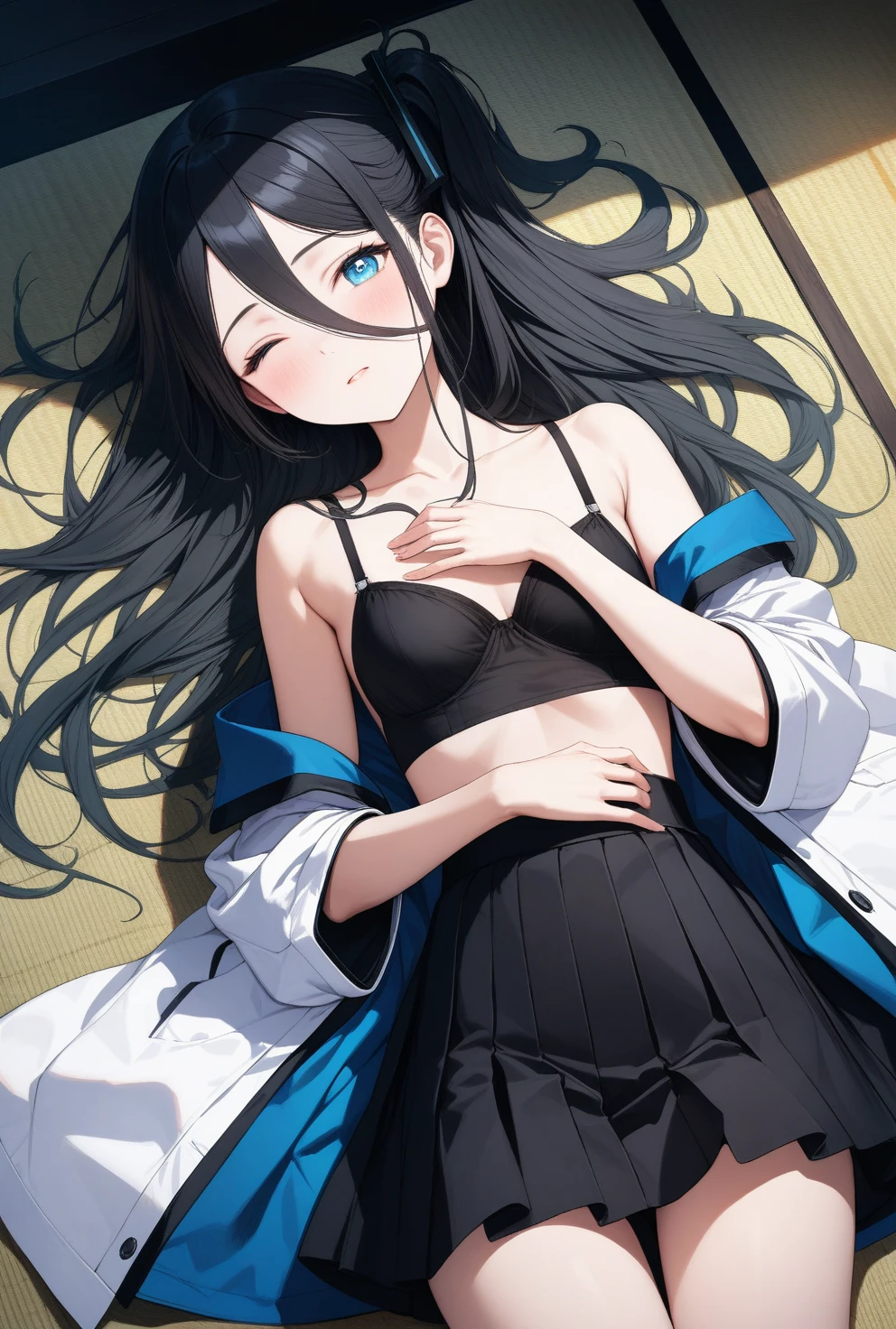 best quality, amazing quality, very aesthetic, absurdres, 1girl, aris (blue archive), blue archive, blue eyes, black bikini, (artist official art:1.5), (realistic face), (, sleep, tatami, dool, closed eye, lie down), (cowboy shot:2), (concept art:1.3), from above, (Japanese style room:1.5), expressive eyes, perfect face, 4k, extremely detailed anime illustration, extremely detailed eyes, enhanced details, perfect anatomy, light rays, photo background, extremely delicate body, smooth skin, feminine expression, black background, cristal clear eyes, beautiful face