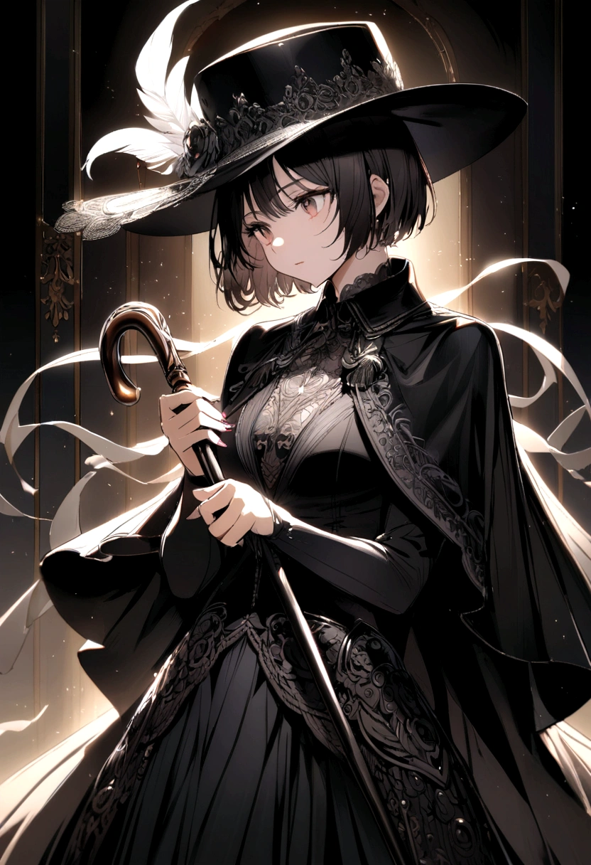 Girl,short hair,black cavalier hat with a white feather,black capelet,holding a cane