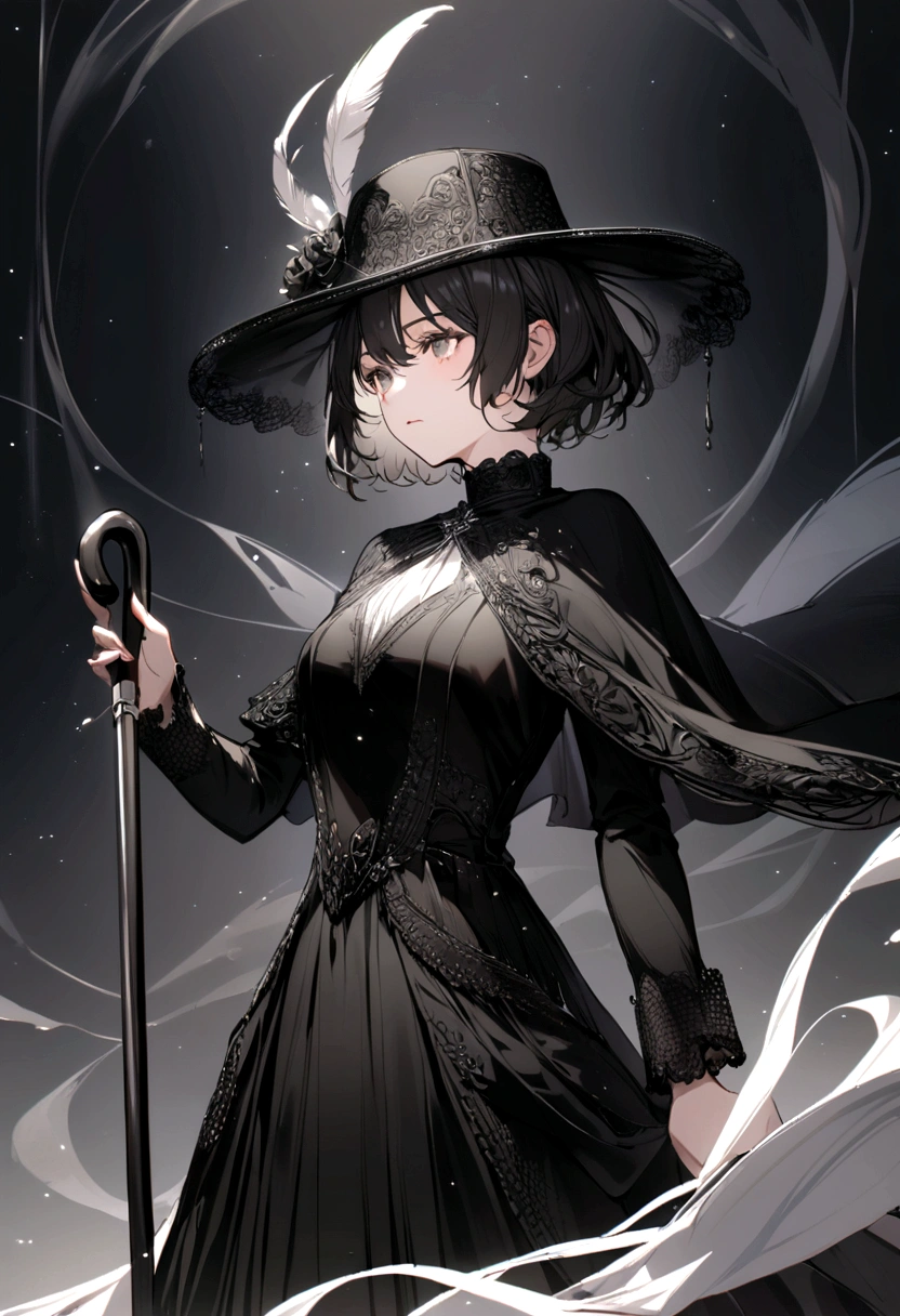 Girl,short hair,black cavalier hat with a white feather,black capelet,holding a cane