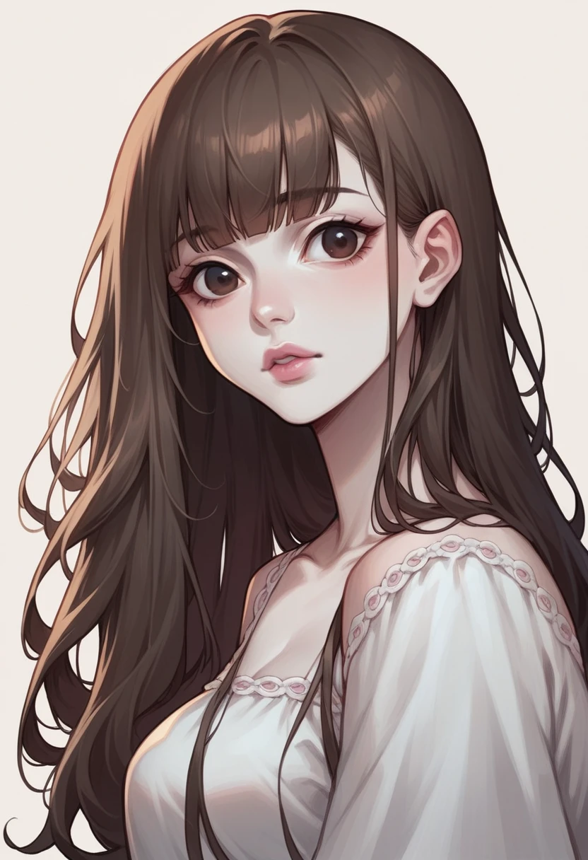 Blythe doll pale skin dark brown eyes long hair without  bangs dark brown color pink lips