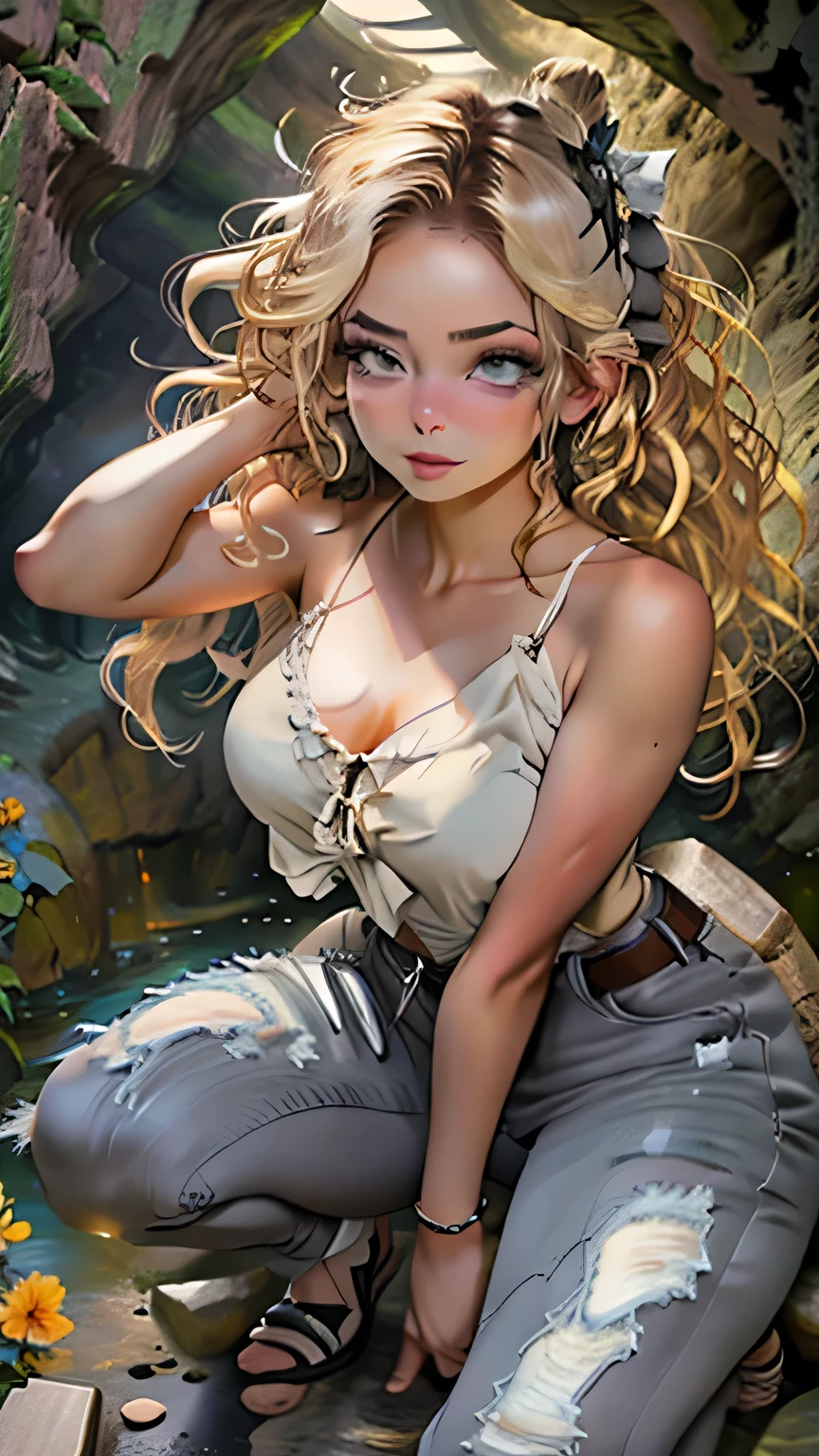 30-year-old woman, Realistic photos, (Alyssa Monks:1.1), Joseph Lorso, Lilia Alvarado, Beautiful lighting, Sharp focus, 8K, High resolution, (pores:0.1), (Sweaty:0.8), masterpiece, Nikon Z9, Award-winning photo, (Perfect round irises:1.3)、White tube top、Short denim、Big Tits、Long blonde curly hair、black eye、((Dark Cave))、(Detailed cave)、(Dynamic pose)、 masterpiece, 最high quality, high quality, High resolution、((Squat down and spread your legs))、The line of sight is this、