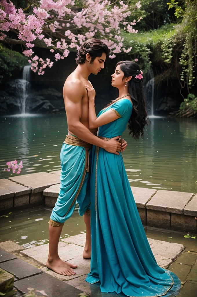 a man and a woman standing next to each other wearing blue and pink respectively, romance fantasy movie, fantasy movie still, beautiful avatar pictures, still from a fantasy movie, hindu aesthetic, promotional movie still, elegant cinematic fantasy art, cinema still, submerged temple dance scene, 2d movie still, 3 d movie still, from ramayan, weta disney movie still photo, beautiful render of a fairytale
