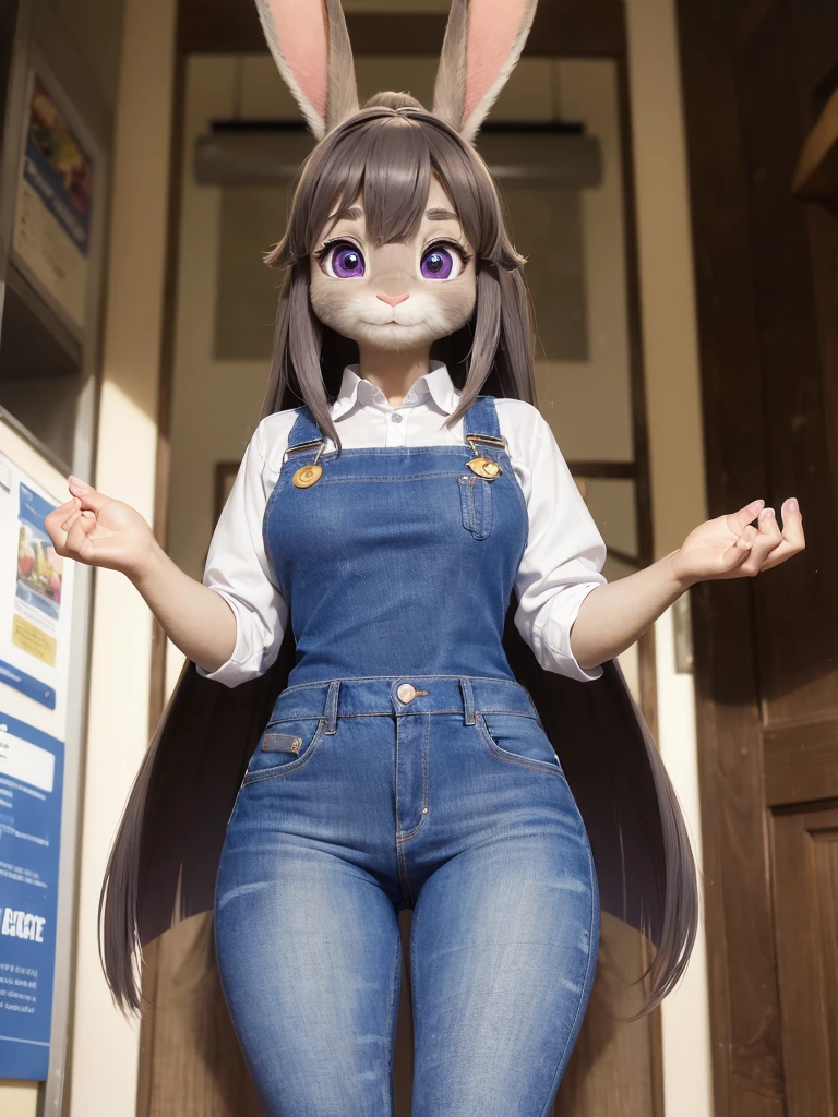 Highest quality, masterpiece, Ultra-realistic, Super detailed, Beautiful details, 4K, 8K, upper, Photo realistic, Realistic lighting.

cowboy Shot,
Looking at Viewer, Looking at Camera,
((at convenience store)), she is a convenience store clerk,

((Anthropomorphic rabbit)),
((woman body)),
((7 heads tall)),
((Rabbit woman)),
Detailed animals,
Complex patterns,
(Furry:1.35),
(All skin is grey:1.3),
(The body is fluffy and bushy:1.3),
Realistic fur,

Human hands,
BREAK

(((Judy Hopps face))), 
((Aoki Reika facial expression)), 
((ponytail)), 
((see-through bangs)), bangs, 
((dark brown hair color)), 
Purple eyes, 
{Eye highlights, Clear eyes, Eyes sparkling, round pupils}, 
Detailed Iris, 
(Eyebrows raised:1.2), 
(Crescent eyebrows:1.3), 
(Rabbit ears:1.3), 
raised corners of mouth.

BREAK

The lady is wearing brown apron that over her knees and wearing shirt and wearing denim pants.
((brown apron)) BREAK ((checked shirt)) BREAK ((blue denim pants)).
((spread legs)), 
BREAK

(solo:1.5), (1girl:1.5).

Perfect Anatomy. 

Lighting front, Lighting forward, Intricate details, Ray Tracing, Realistic, 