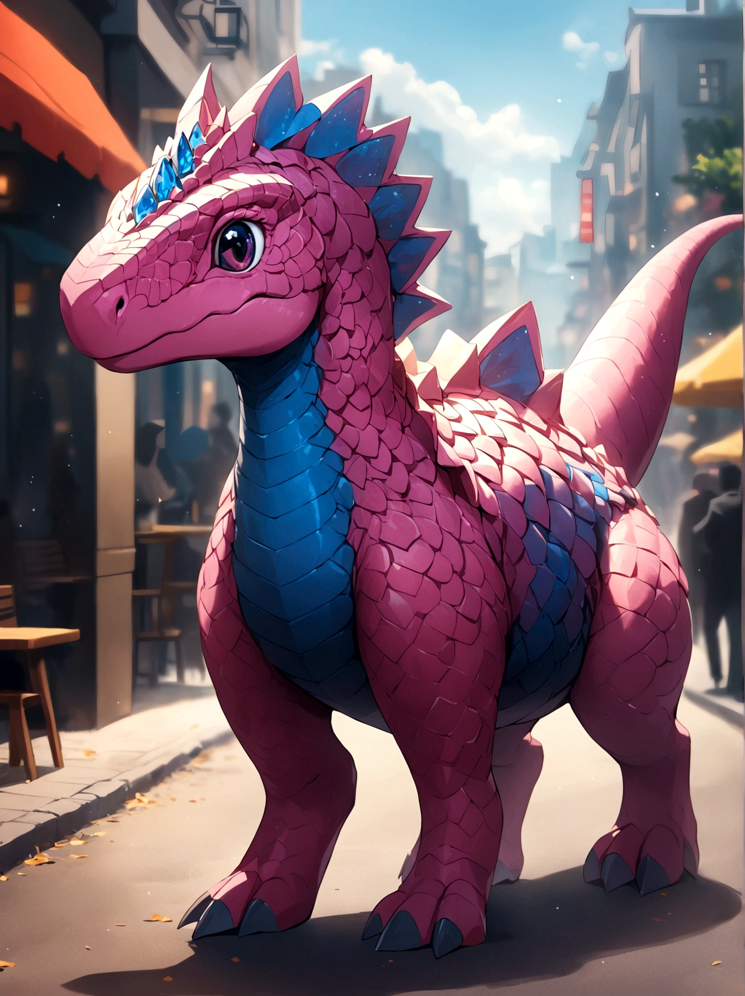 solo, full body, outdoors, blurry, no humans,Pink dinosaur,