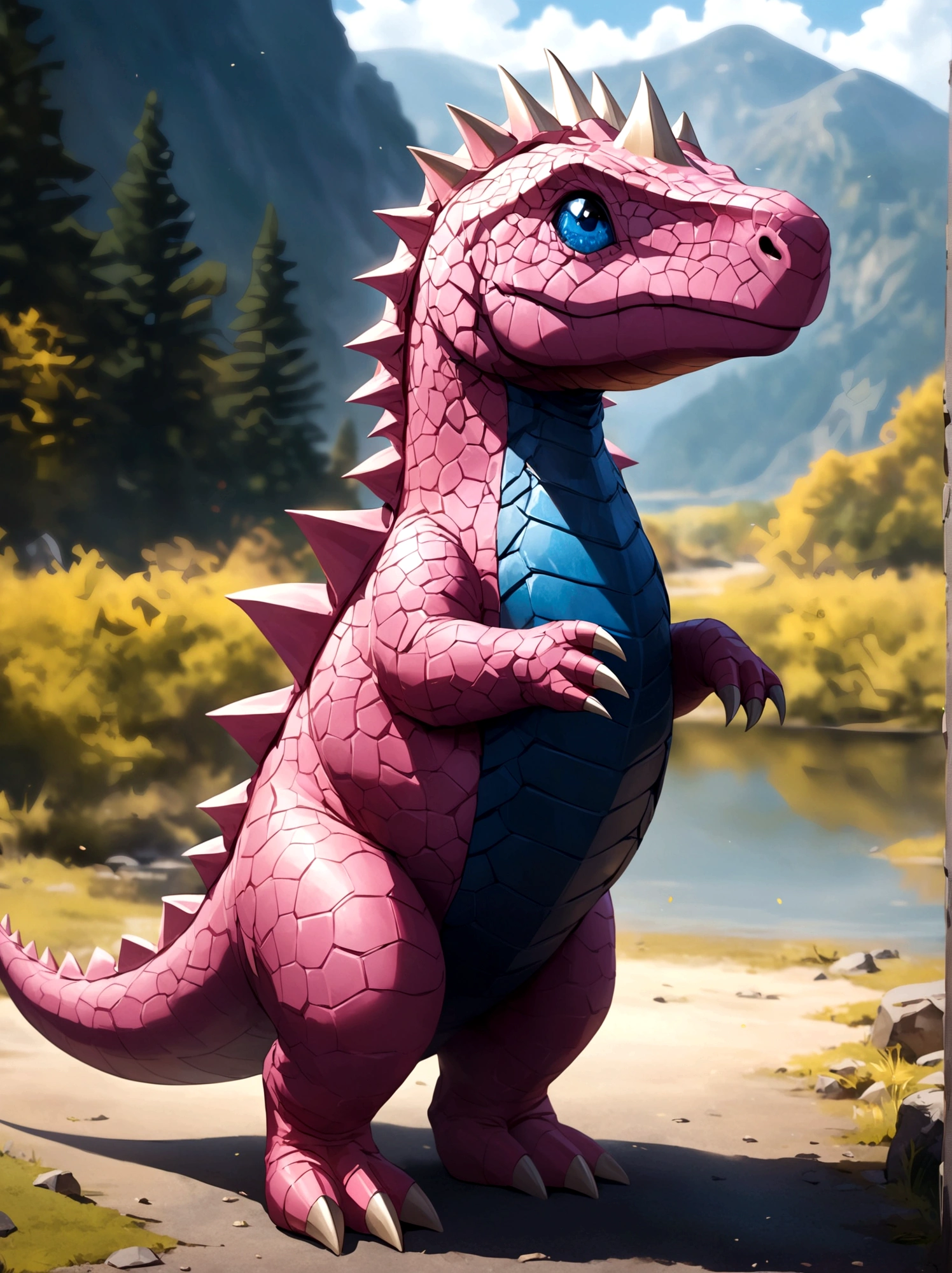 solo, full body, outdoors, blurry, no humans,Pink dinosaur,