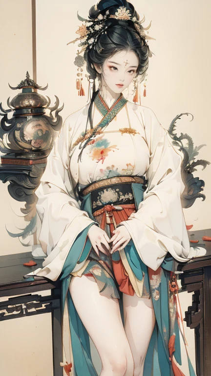 ((High Definition Chinese Traditional Ink Painting, Hanfu)), Eye size, Drooping eyes, Smile, ((Open your legs, Standing with my crotch slammed against the corner of the table)), ((, Large areola, sex, Intense mating)), Old fashion, open mouth, Ancient Temple,