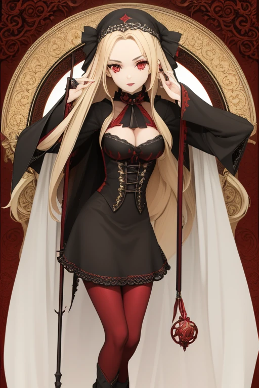 Emma Roberts 20s Vampire long curly blonde hair pointed ears red eyes Gothic priestess clothing black vintage decorations Steampunk holding a staff with a sphere of blood looking straight at the viewer red background