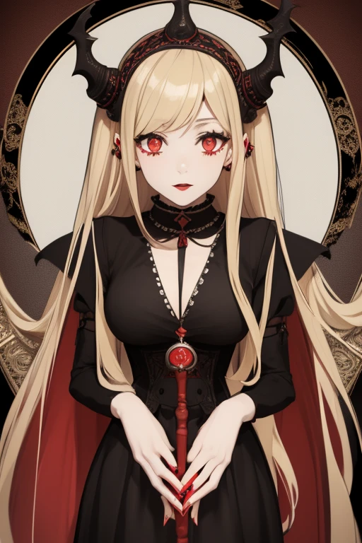 Emma Roberts 20s Vampire long curly blonde hair pointed ears red eyes Gothic priestess clothing black vintage decorations Steampunk holding a staff with a sphere of blood looking straight at the viewer red background