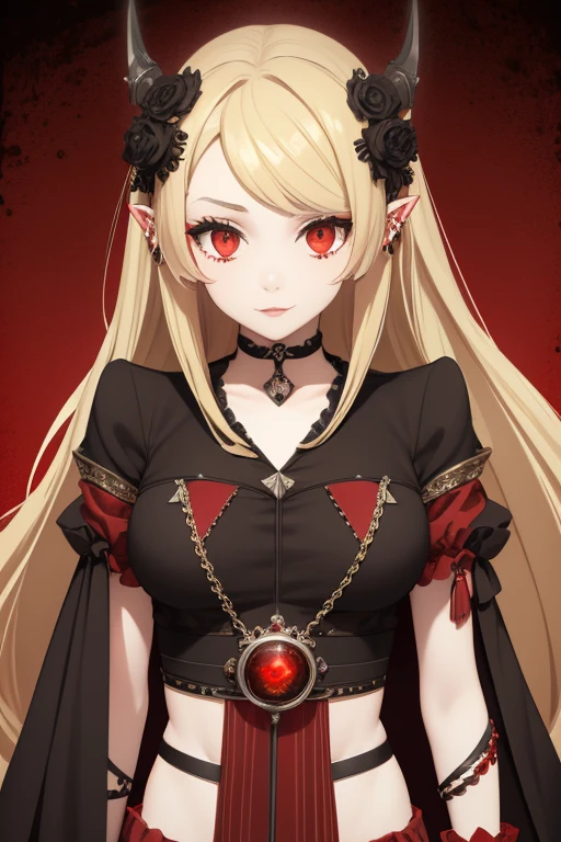Emma Roberts 20s Vampire long curly blonde hair pointed ears red eyes Gothic priestess clothing black vintage decorations Steampunk holding a staff with a sphere of blood looking straight at the viewer red background