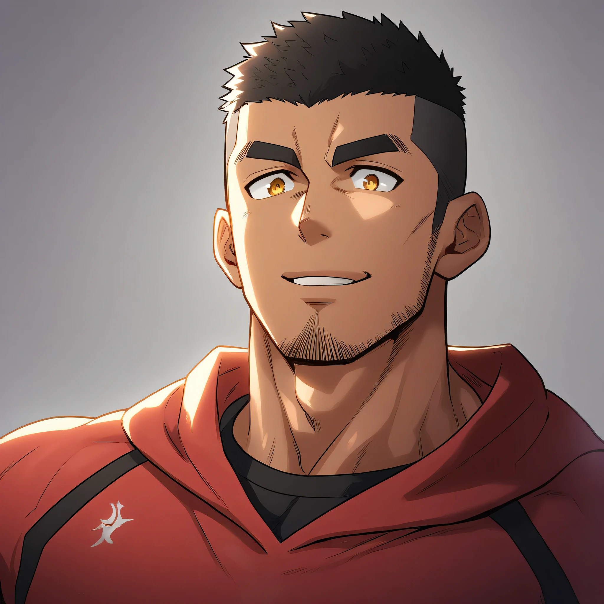 anime characters:Gyee, Young Muscle Sports Teacher, negro black skin, Buzz Cut, Manliness, male focus, Dark red long-sleeved hooded sweatshirt, Very tight, muscular male, muscular, only, Upper body, alone, Black short hair, Thick eyebrows, stubble, Yellow eyes, Grey background, simple background, amazing quality, best aesthetics, Ridiculous, bright pupils, crew cut, parted lips, seductive smile, torogao, naughty face, best quality