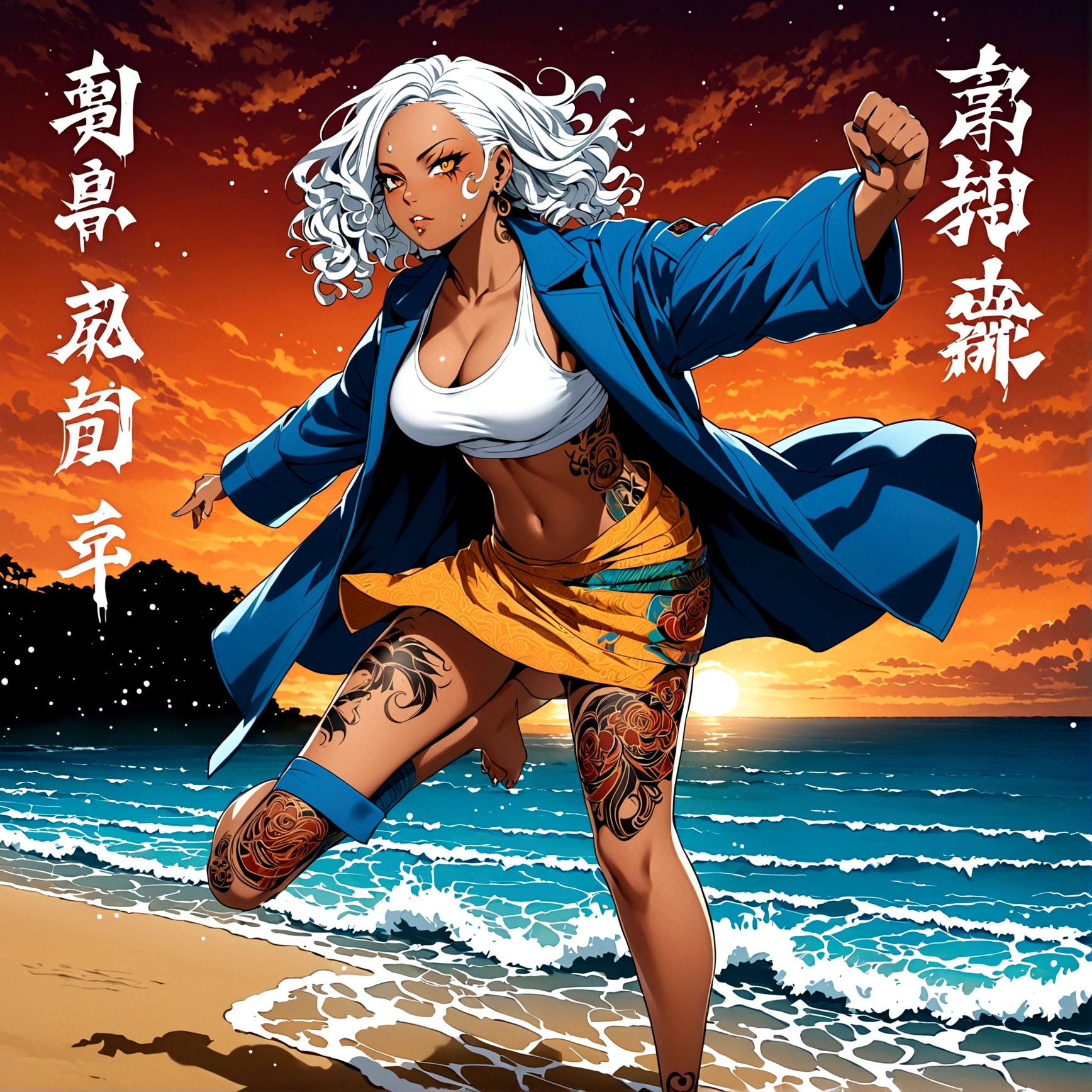 Full body image, throwing a kick, , african woman, face piercins, tattooed skin, white hair curly, skirt and coat clothes, sweating, body a little fat, Hyper realistic night beach background, bleach manga style, Japanese writing on the edges with Shangri-La written on at the edges