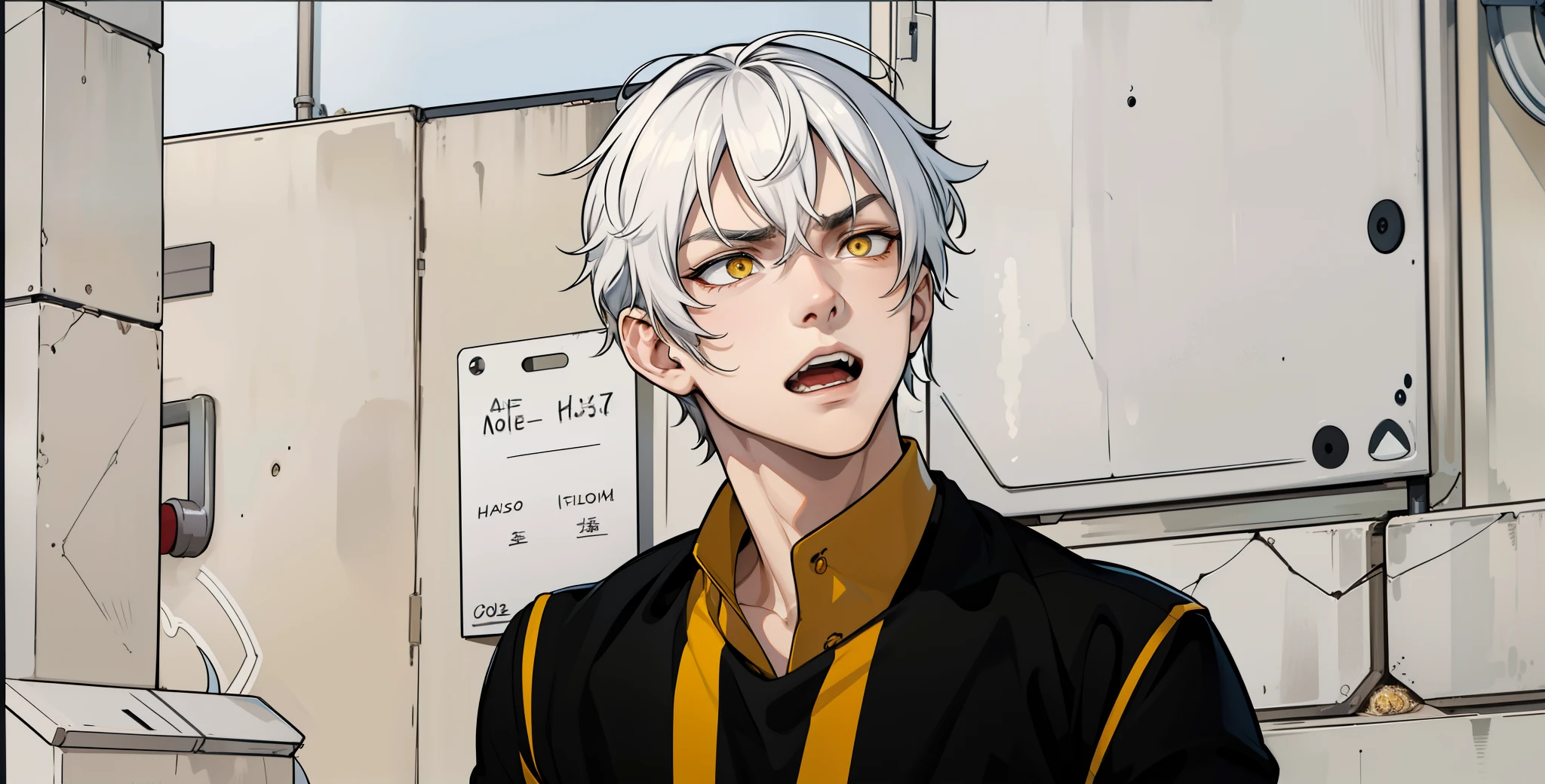 He is talking, he opens his mouth and shouts a little, beautiful white, yellow eyes, cold look, evil, serious, he is intimidating, there is a young 17-year-old man, he is talking to him, he is insulting, mistreating someone.