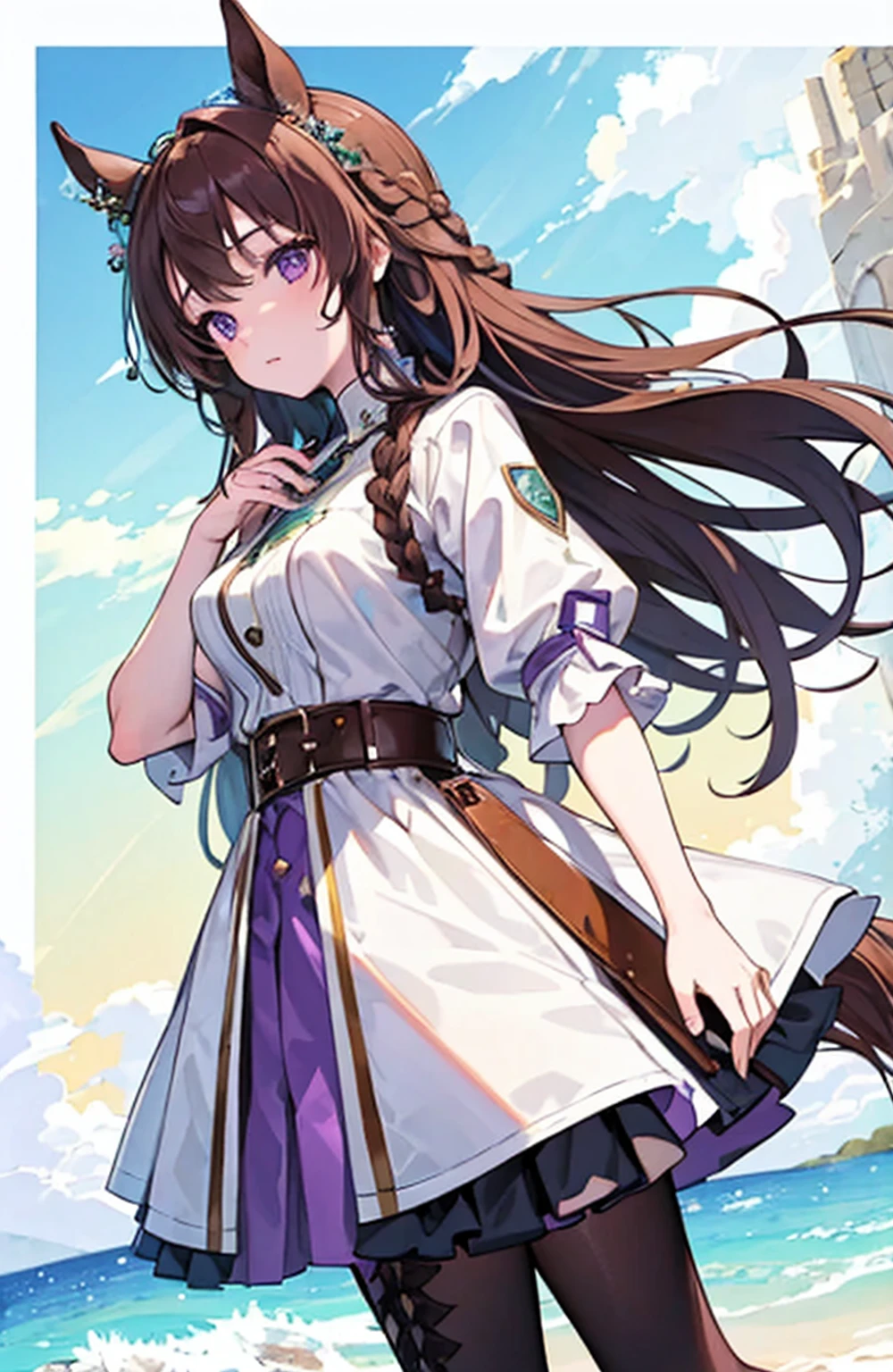 (masterpiece), (best quality), (detailed), Lightweight layer,Brown hair,A beautiful girl,Malta,Horse girl,Second Dimension,Purple Eyes,Manual repair,grace,Gentle,Cool,poet,Green accessories,Princess braids