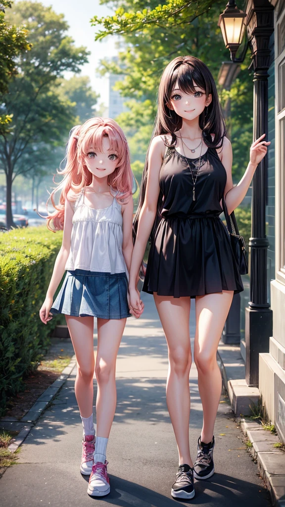 A very beautiful 21-year-old mother and her very cute 10-year-old daughter are having a fun walk in the park、Tank top、mini skirt、Long Hair、Slim body、Thin legs、Beautiful body、high resolution、8K、(smile)