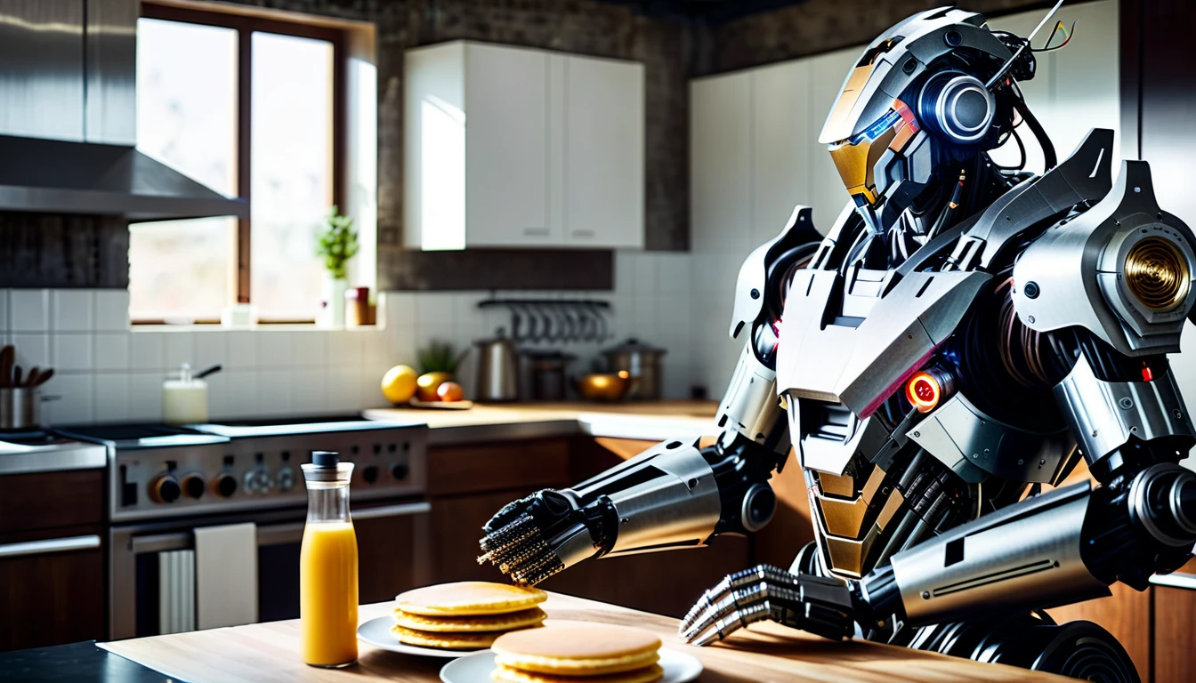 Full body shot of a humanoid cyborg robot who is standing and cooking spagetti and making pancakes in a modern kitchen. The humanoid cyborg robot have armor and ((circuits and colored LEDs)) are embedded in. The cyborg armor made of different metallic materials, adorned in scratched and tarnished armor reminiscent of a bygone era. The armor is textured, distressed, vintage, edgy, dirty, intricate, tubes and cables. Photorealistic surface of the robot, high tech, cybertech, made of different materials. Natural lights, neutral colors, lomochrome, vintage color tones, dramatic, dynamic composition.Lifelike textures, sharp focus, depth of field, cinematic lighting, Contrast lighting, volumetric lighting, best shadows,Realism, Cinematic, Photoreal, 35mm film, Screengrab a Super Panavision film, in color. Best quality , hdr, uhd, 8k, analog camera shot.