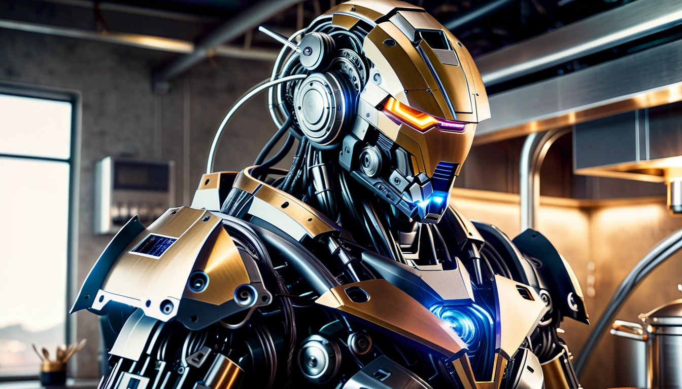 Full body shot of a humanoid cyborg robot who is standing and cooking spagetti and making pancakes in a modern kitchen. The humanoid cyborg robot have armor and ((circuits and colored LEDs)) are embedded in. The cyborg armor made of different metallic materials, adorned in scratched and tarnished armor reminiscent of a bygone era. The armor is textured, distressed, vintage, edgy, dirty, intricate, tubes and cables. Photorealistic surface of the robot, high tech, cybertech, made of different materials. Natural lights, neutral colors, lomochrome, vintage color tones, dramatic, dynamic composition.Lifelike textures, sharp focus, depth of field, cinematic lighting, Contrast lighting, volumetric lighting, best shadows,Realism, Cinematic, Photoreal, 35mm film, Screengrab a Super Panavision film, in color. Best quality , hdr, uhd, 8k, analog camera shot.