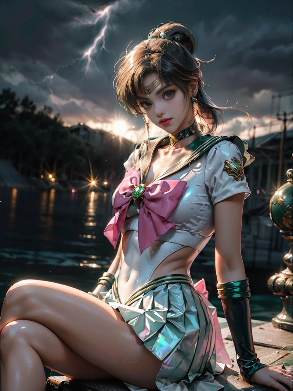 cheio: 1.3, stand, master part, ..3d, Realistic, Ultra Micro Foto, Qualidade Superior, ultra detalhado CG unidade 8k papel de parede, sailor Jupiter,Jupiter sailor's uniform,((Mini Pleated Skirt Bright Green Metallic: 1.2, Mini Sexy Green Skirt Pre-Gate: 1.1, Huge metallic pink bow on chest: 1.2, Luvas verdes nos cotovelos: 1.1, Colar Grande Verde, Tiara dourada luxuosa na testa: 1.2, metallic green color of the sailor, Broche verde)), de baixo, detalhes intrincados, (uma mulher), 22 anos, (Hmjupiter, olhos verdes, rabo-de-cavalo, tiara, jewelries, Uniforme Sailor Senshi, colarinho de marinheiro verde, Gargantilha, luvas de cotovelo, luvas brancas, pink bow, Broche, malha branca, saia verde, saia plissada,Meixiaonfu
), ((postura de luta)), (Slender and bold and sexy gravette swimsuit,Very thin and suitable high gloss sexy white holographic leather: 1.3), ((single ponytail)), Cabelos castanhos claros incrivelmente longos: 1.2, Brilhante bonito liso longo cabelo castanho claro: 1.2, (Uniforme Sailor Senshi, bare arms: 1.2, Long white latex gloves with luxurious golden decoration: 1.2, very large pink lace on the back of the waist: 1.3, gargantilha verde, decote sexily boldly grande, Braided gold rope decoration, Brincos dourados em forma de anel, Bright green knee-high boots with luxurious golden décor),
((sorriso sedutor, cara muito bonita, detalhes do rosto: 1.5, olhos verdes brilhantes, beautiful face, Olhos bonitos, olhos brilhantes, thin lips: 1.3, thin, sharp, pale eyebrows, long dark eyelashes, Double eyelashes)), (Luxuosas asas brancas enormes), (muscle muscles: 1.2, abdominais musculosos: 1.2), Rosto pequeno, peito enorme, tall and perfect proportions, cintura fina, Sexy and dynamic model pose, visible pores, perfect hands: 1.5, very dramatic image, (jupiter, Dynamic lightning background: 1.3, Deity of Thunder, Thunder Space Background, luar, lua, Backg