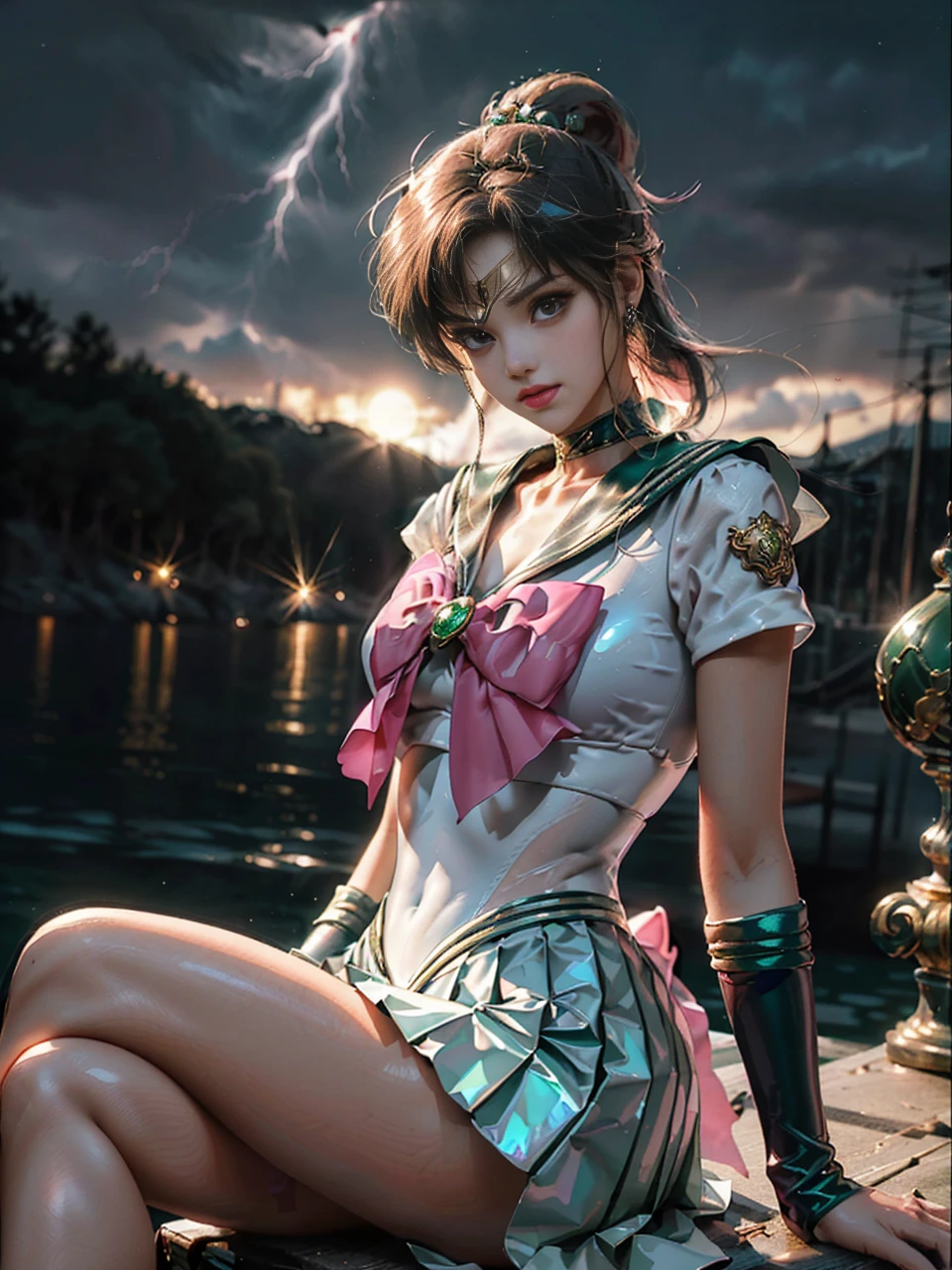 cheio: 1.3, stand, master part, ..3d, Realistic, Ultra Micro Foto, Qualidade Superior, ultra detalhado CG unidade 8k papel de parede, sailor Jupiter,Jupiter sailor's uniform,((Mini Pleated Skirt Bright Green Metallic: 1.2, Mini Sexy Green Skirt Pre-Gate: 1.1, Huge metallic pink bow on chest: 1.2, Luvas verdes nos cotovelos: 1.1, Colar Grande Verde, Tiara dourada luxuosa na testa: 1.2, metallic green color of the sailor, Broche verde)), de baixo, detalhes intrincados, (uma mulher), 22 anos, (Hmjupiter, olhos verdes, rabo-de-cavalo, tiara, jewelries, Uniforme Sailor Senshi, colarinho de marinheiro verde, Gargantilha, luvas de cotovelo, luvas brancas, pink bow, Broche, malha branca, saia verde, saia plissada,Meixiaonfu
), ((postura de luta)), (Slender and bold and sexy gravette swimsuit,Very thin and suitable high gloss sexy white holographic leather: 1.3), ((single ponytail)), Cabelos castanhos claros incrivelmente longos: 1.2, Brilhante bonito liso longo cabelo castanho claro: 1.2, (Uniforme Sailor Senshi, bare arms: 1.2, Long white latex gloves with luxurious golden decoration: 1.2, very large pink lace on the back of the waist: 1.3, gargantilha verde, decote sexily boldly grande, Braided gold rope decoration, Brincos dourados em forma de anel, Bright green knee-high boots with luxurious golden décor),
((sorriso sedutor, cara muito bonita, detalhes do rosto: 1.5, olhos verdes brilhantes, beautiful face, Olhos bonitos, olhos brilhantes, thin lips: 1.3, thin, sharp, pale eyebrows, long dark eyelashes, Double eyelashes)), (Luxuosas asas brancas enormes), (muscle muscles: 1.2, abdominais musculosos: 1.2), Rosto pequeno, peito enorme, tall and perfect proportions, cintura fina, Sexy and dynamic model pose, visible pores, perfect hands: 1.5, very dramatic image, (jupiter, Dynamic lightning background: 1.3, Deity of Thunder, Thunder Space Background, luar, lua, Backg